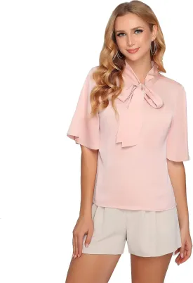 2025 Elegant Summer Women's Bow Collar Ruffle Short Sove Shirt Casual Shirt Top