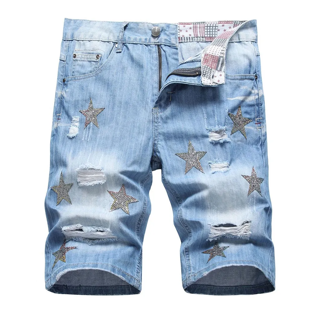 Angelo Ricci™ Crystal Patch Star & Holes Jeans Short