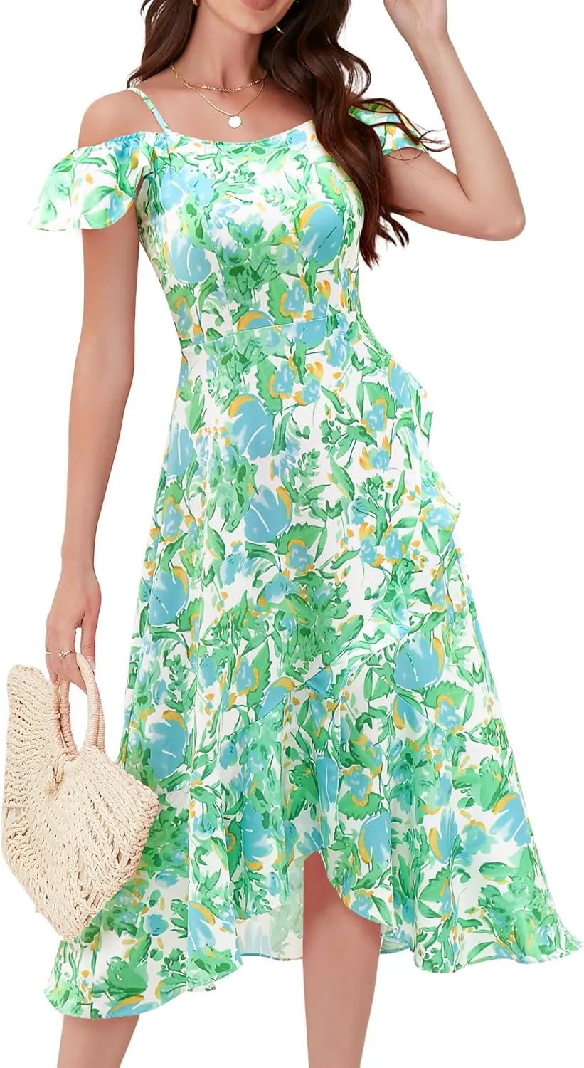 Aupuls Women Off Shoulder Summer Floral Dress 2025 Casual Beach Vacation Midi Dresses