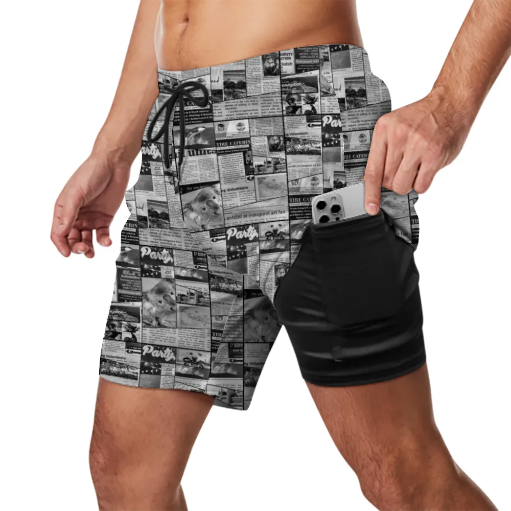 Australian Newspaper B n W Mens Double Layer Shorts with 4 Pockets up to 3 XL (FWS)