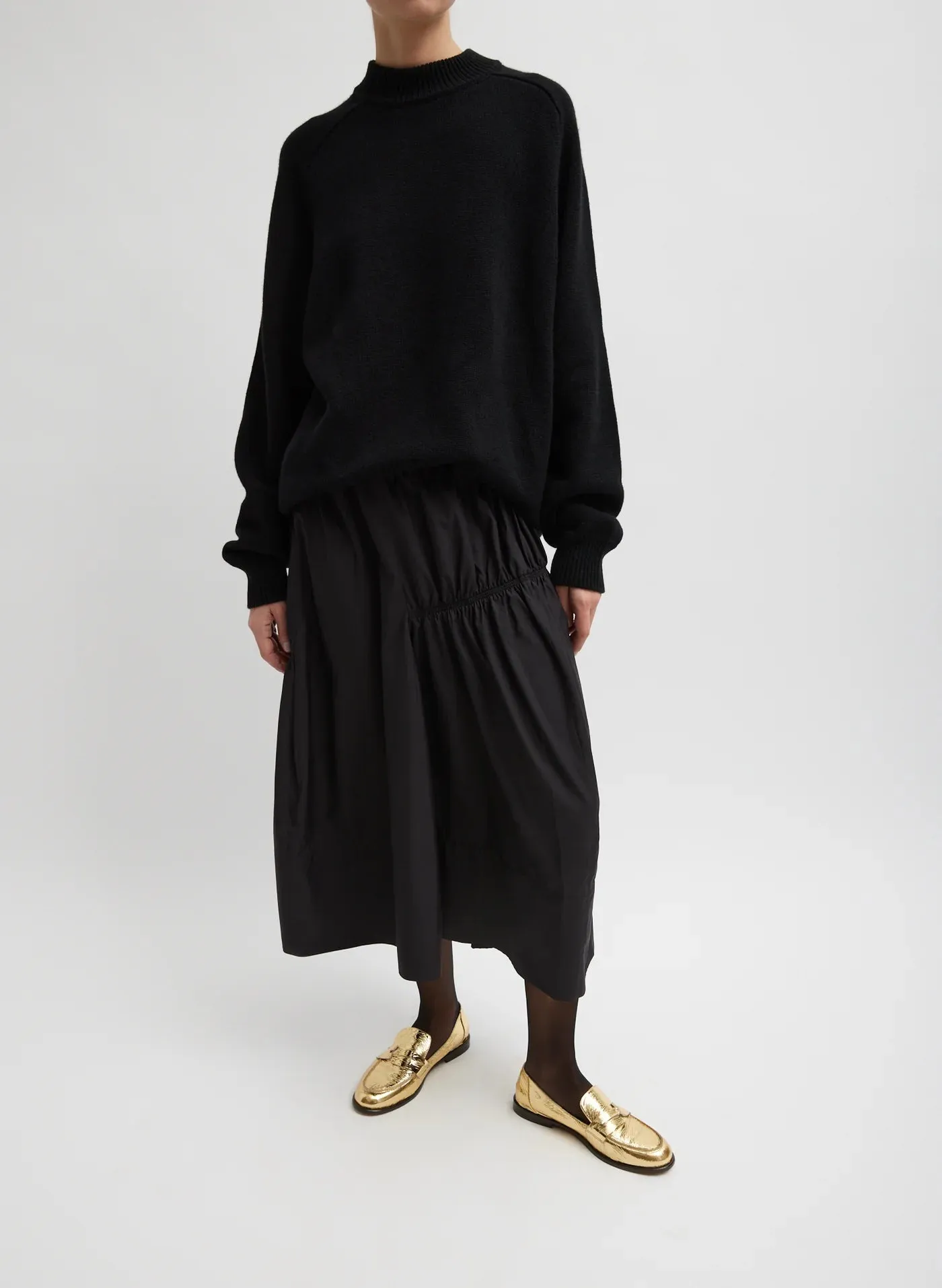 Black Nylon Shirred Panel Skirt