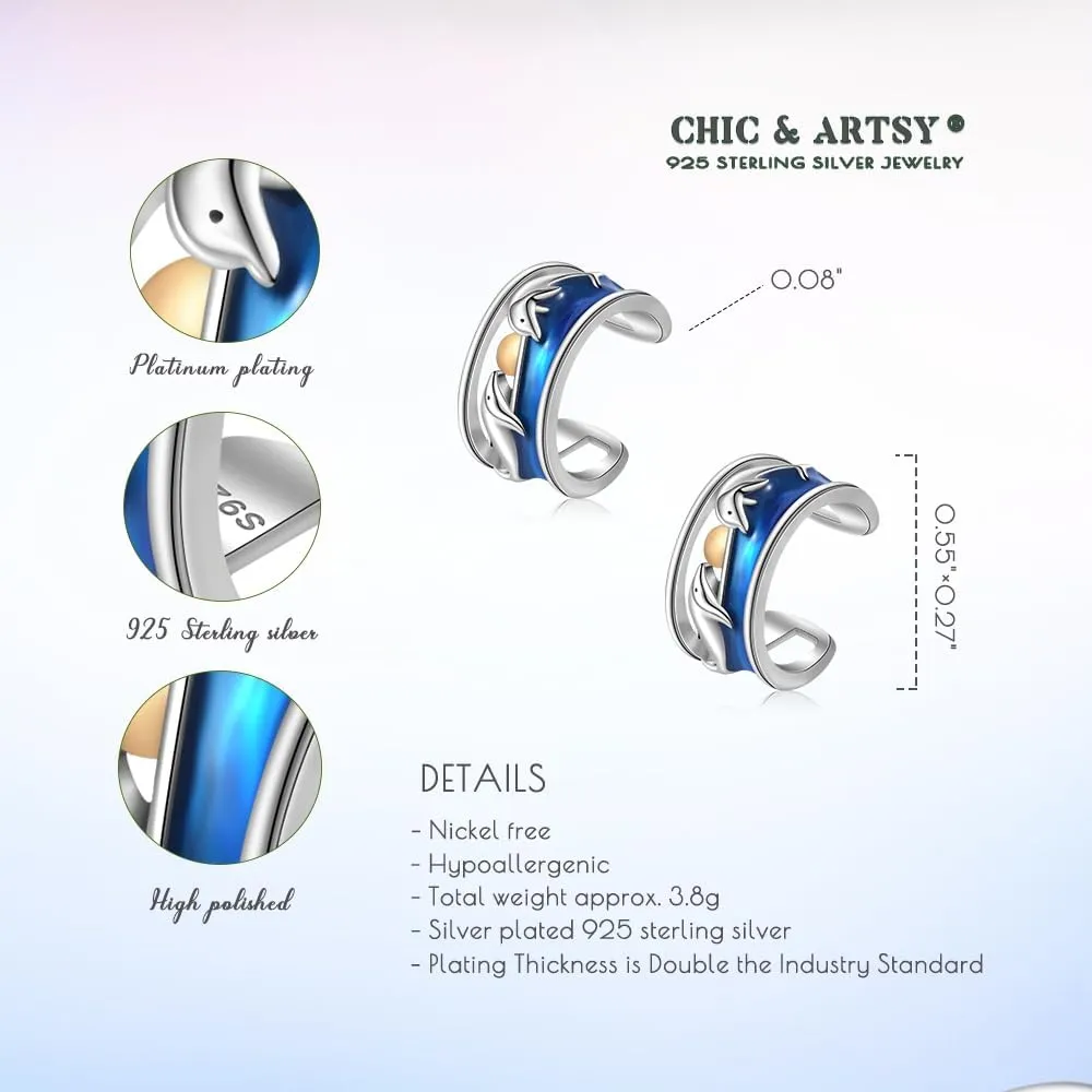 CHIC & ARTSY 925 Sterling Silver Ear Cuff Earrings Hypoallergenic Whales, Turtle No Piercing Ear Cuffs Earrings Adjustable Clip-on Earrings for Women