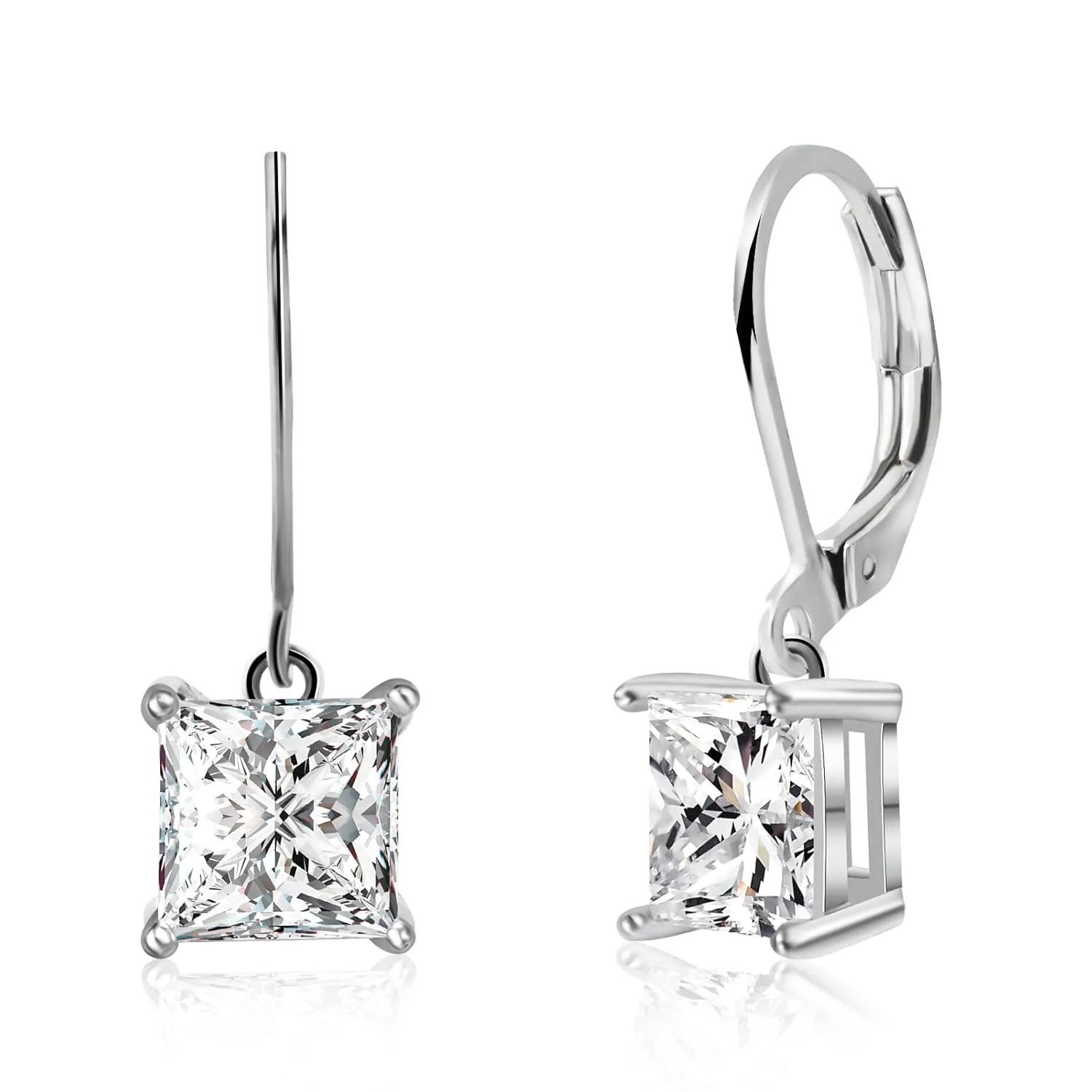 Cubic Zirconia Earrings Princess Cut Leverback Earrings Silver Dangle Earrings Drop Earrings Bridesmaids Earrings Diamond Earrings for Women