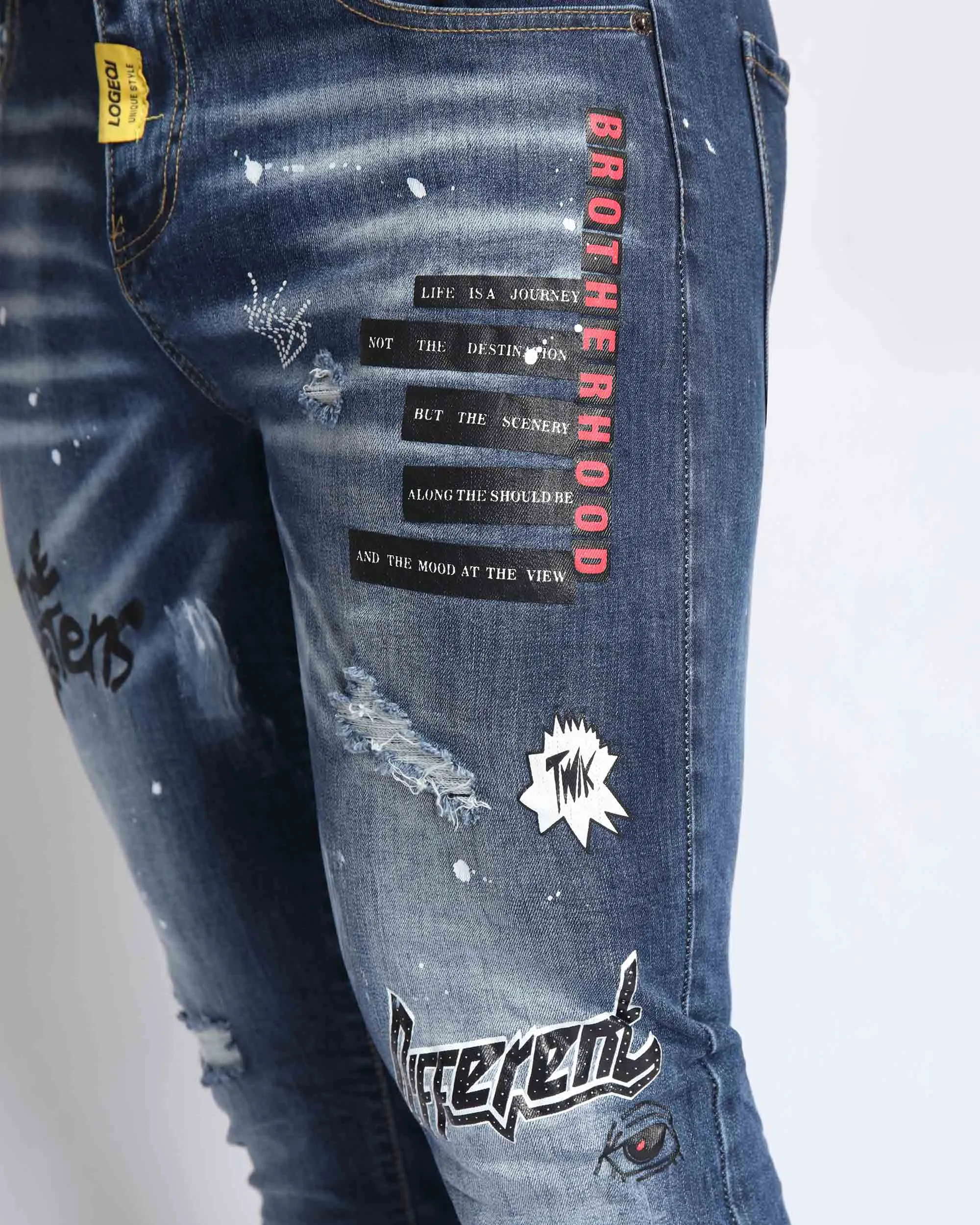 Dark Blue Ripped Jeans with Graffiti Printing-Mexico Local Delivery