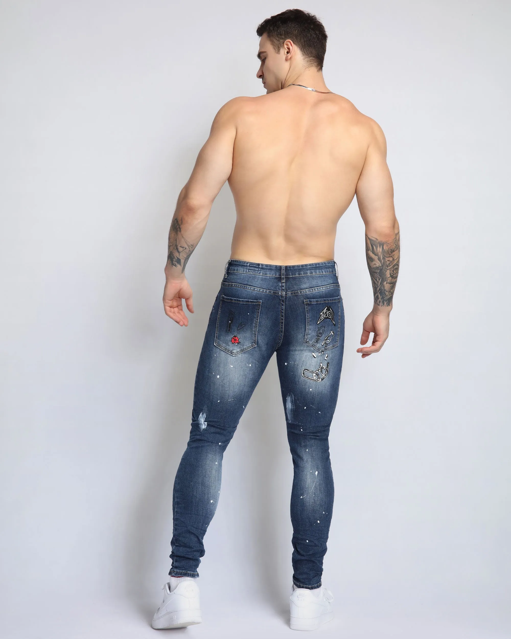 Dark Blue Ripped Jeans with Graffiti Printing-Mexico Local Delivery
