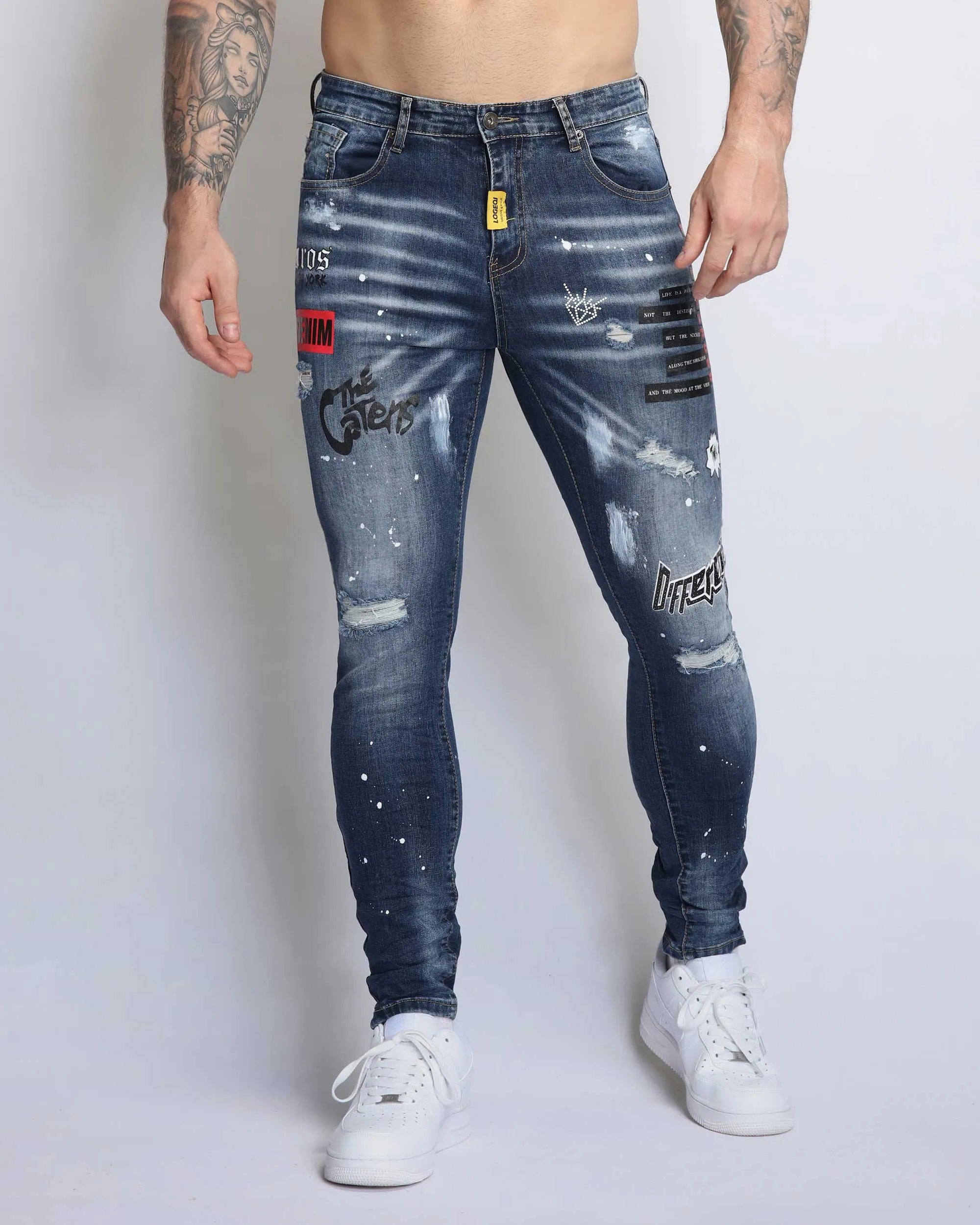 Dark Blue Ripped Jeans with Graffiti Printing-Mexico Local Delivery