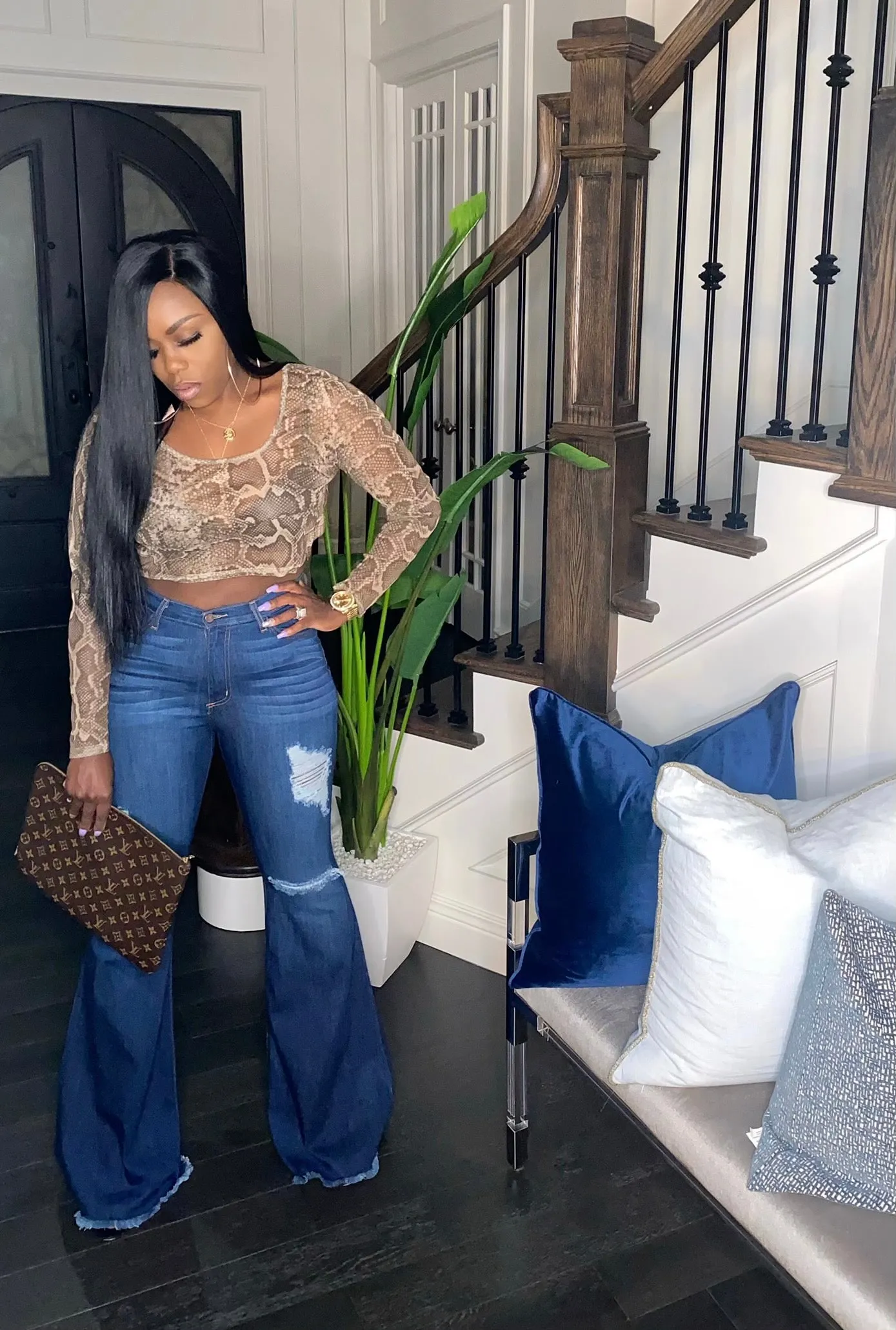 Distressed Bell Bottom Jeans (Dark Denim)