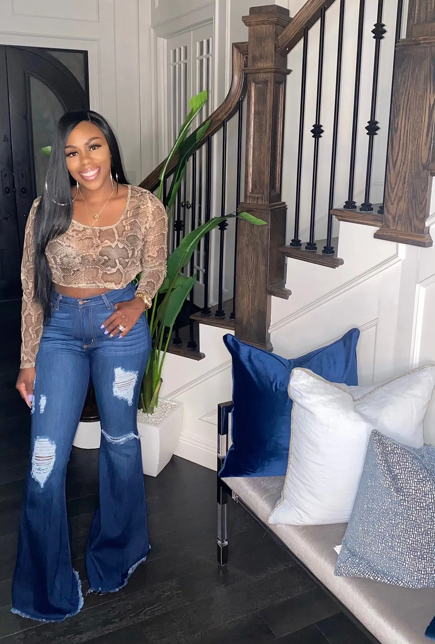 Distressed Bell Bottom Jeans (Dark Denim)