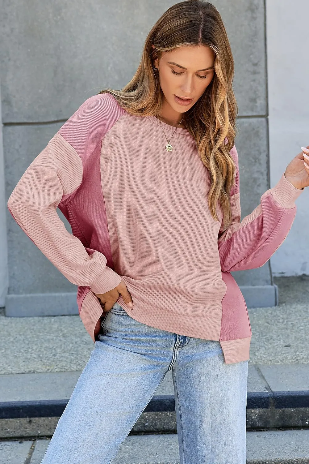 Dokotoo Oversized Sweatshirt for Women Waffle Knit Color Block Crewneck Long Sleeve Casual High Low Pullover Sweatshirts Tops