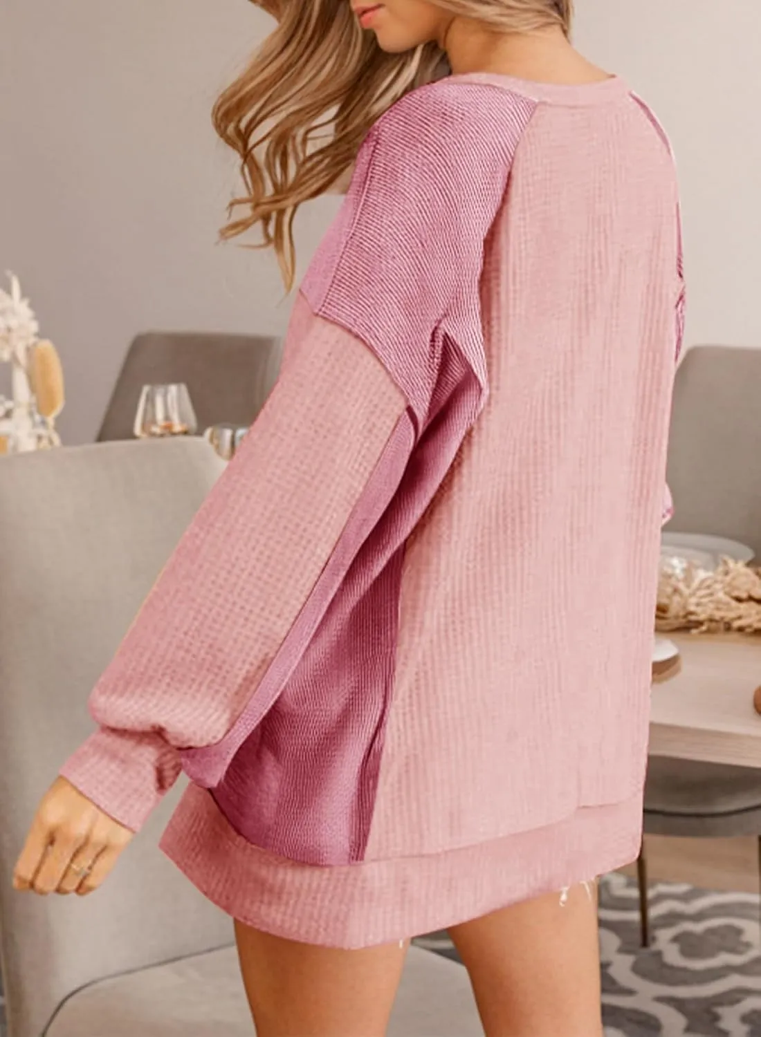 Dokotoo Oversized Sweatshirt for Women Waffle Knit Color Block Crewneck Long Sleeve Casual High Low Pullover Sweatshirts Tops