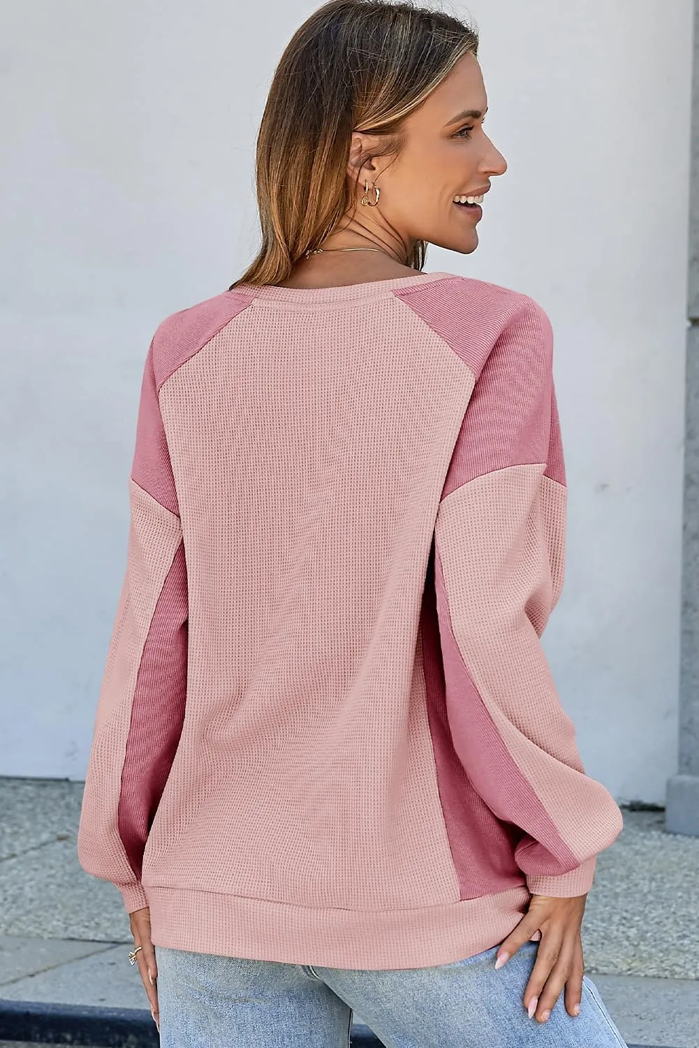 Dokotoo Oversized Sweatshirt for Women Waffle Knit Color Block Crewneck Long Sleeve Casual High Low Pullover Sweatshirts Tops