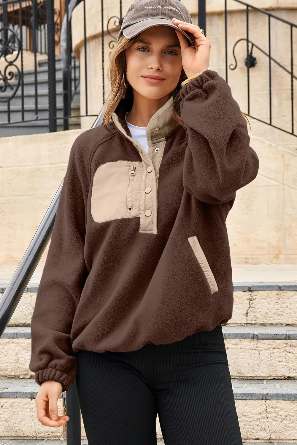 Dokotoo Sweatshirt for Women Oversized Fuzzy Fleece Jacket Color Block Button Long Sleeve Pullover Sherpa Sweatshirts Tops