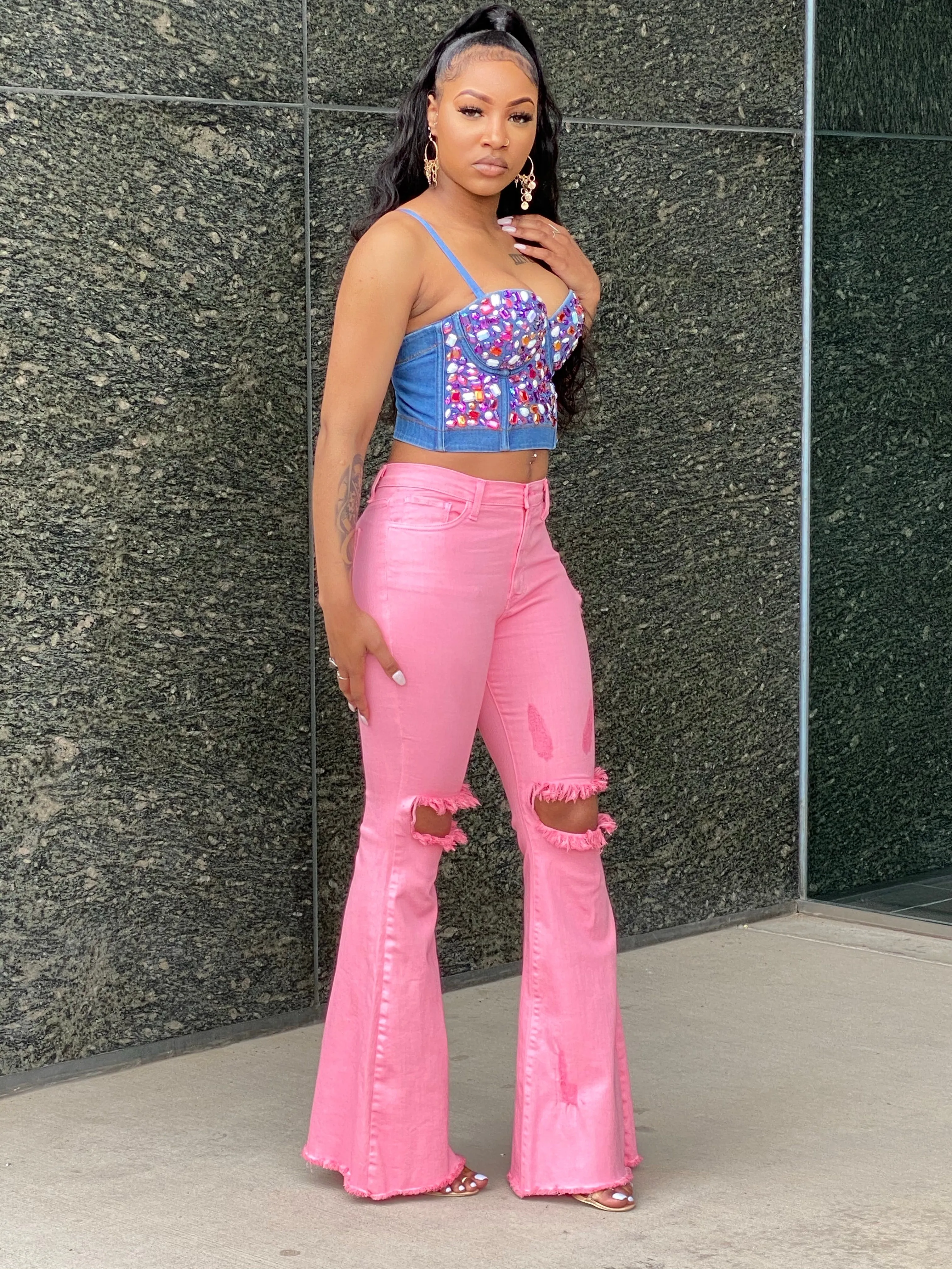 Don't Distress Me Out! High waisted Flare Leg Jean