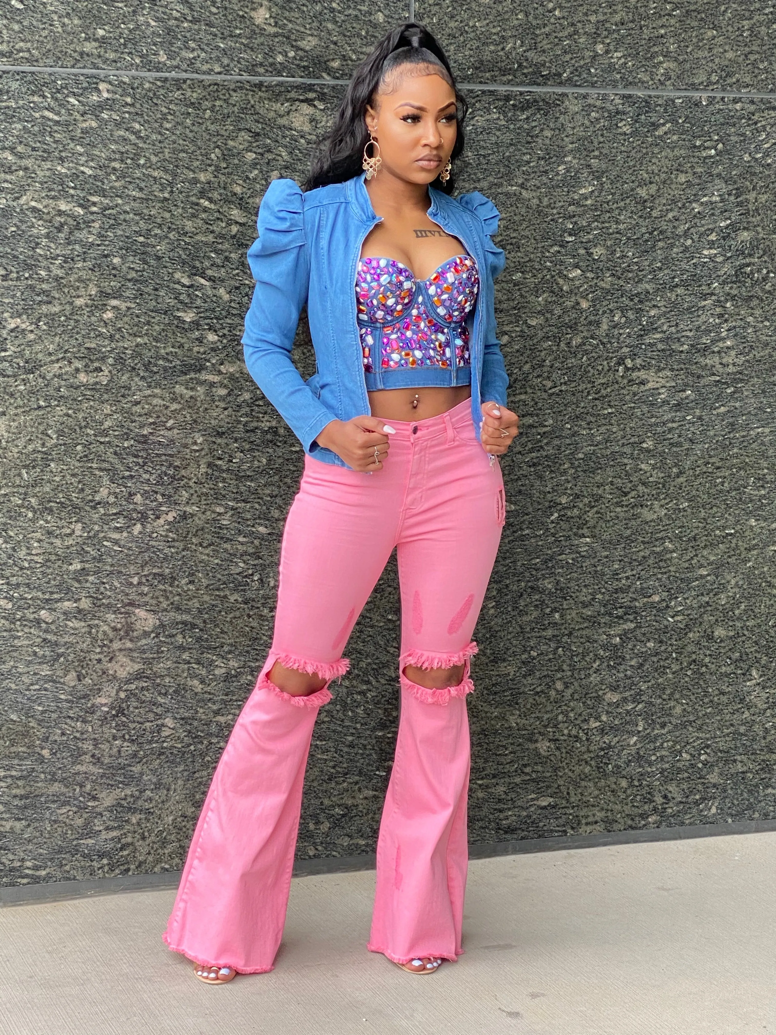 Don't Distress Me Out! High waisted Flare Leg Jean