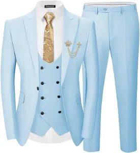 EMERAIDVLN Men's 3 Pieces Suit Slim Fit Elegant Wedding Prom Suits 1 Botton Blazer Double Breasted Vest and Pants Tuxedo Set