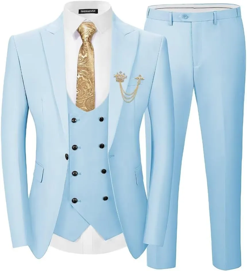 EMERAIDVLN Men's 3 Pieces Suit Slim Fit Elegant Wedding Prom Suits 1 Botton Blazer Double Breasted Vest and Pants Tuxedo Set