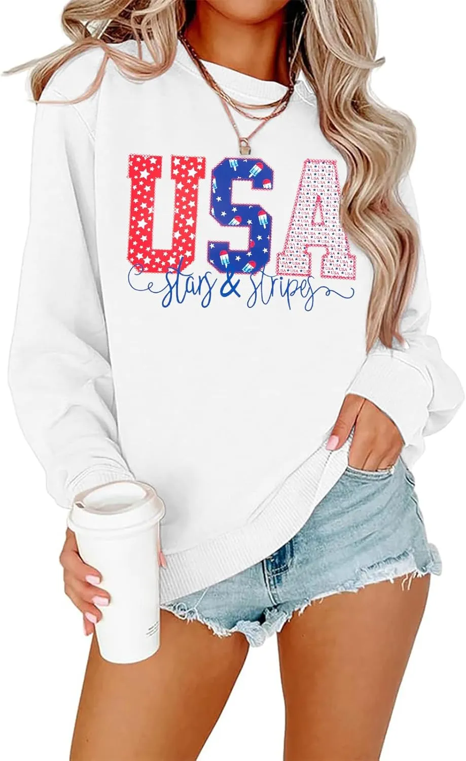 FRYAID USA Sweatshirt Women American Flag Graphic Shirt 4th of July Stars and Stripes Sweater Holiday Casual Long Sleeve Top