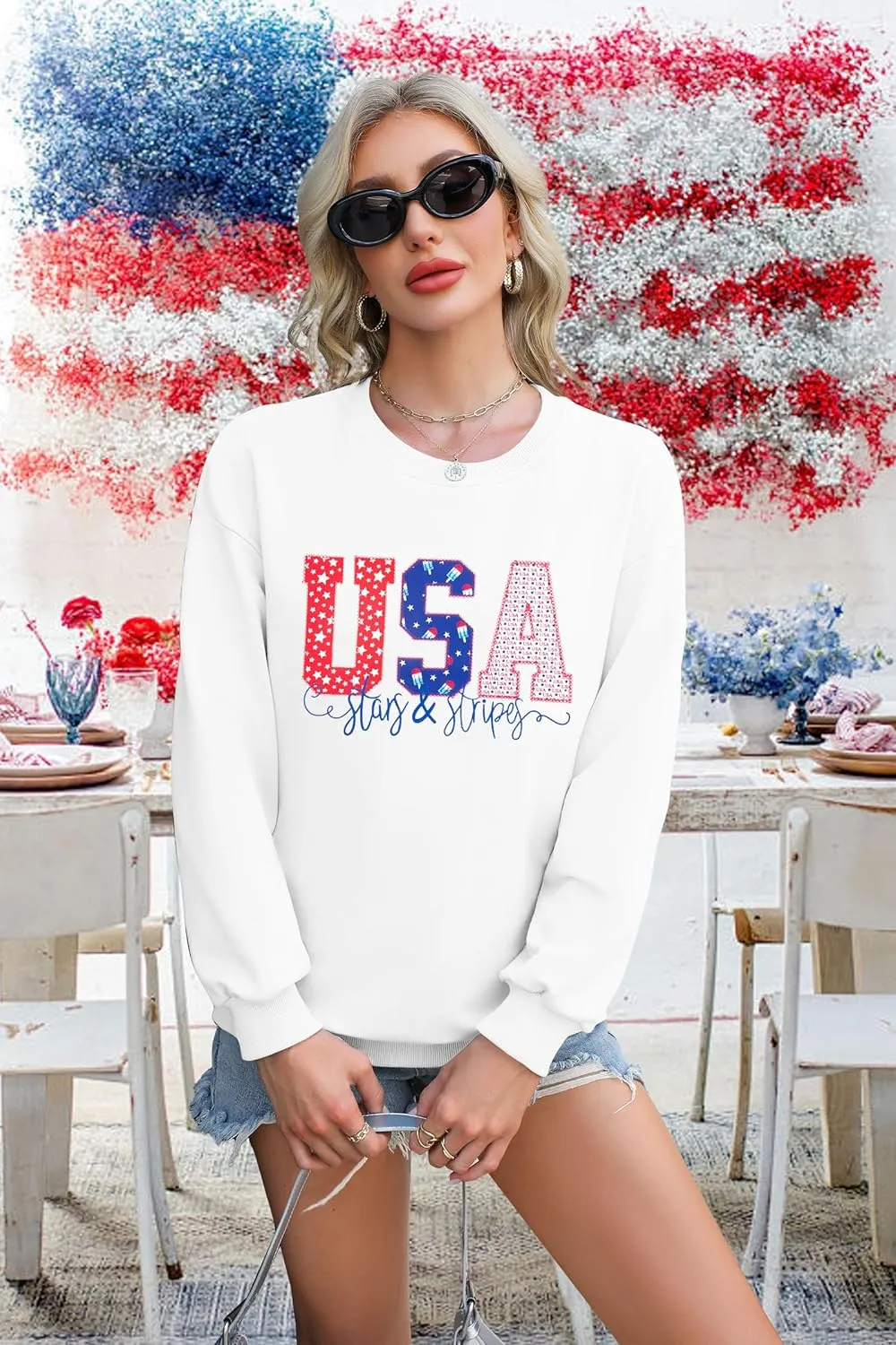 FRYAID USA Sweatshirt Women American Flag Graphic Shirt 4th of July Stars and Stripes Sweater Holiday Casual Long Sleeve Top