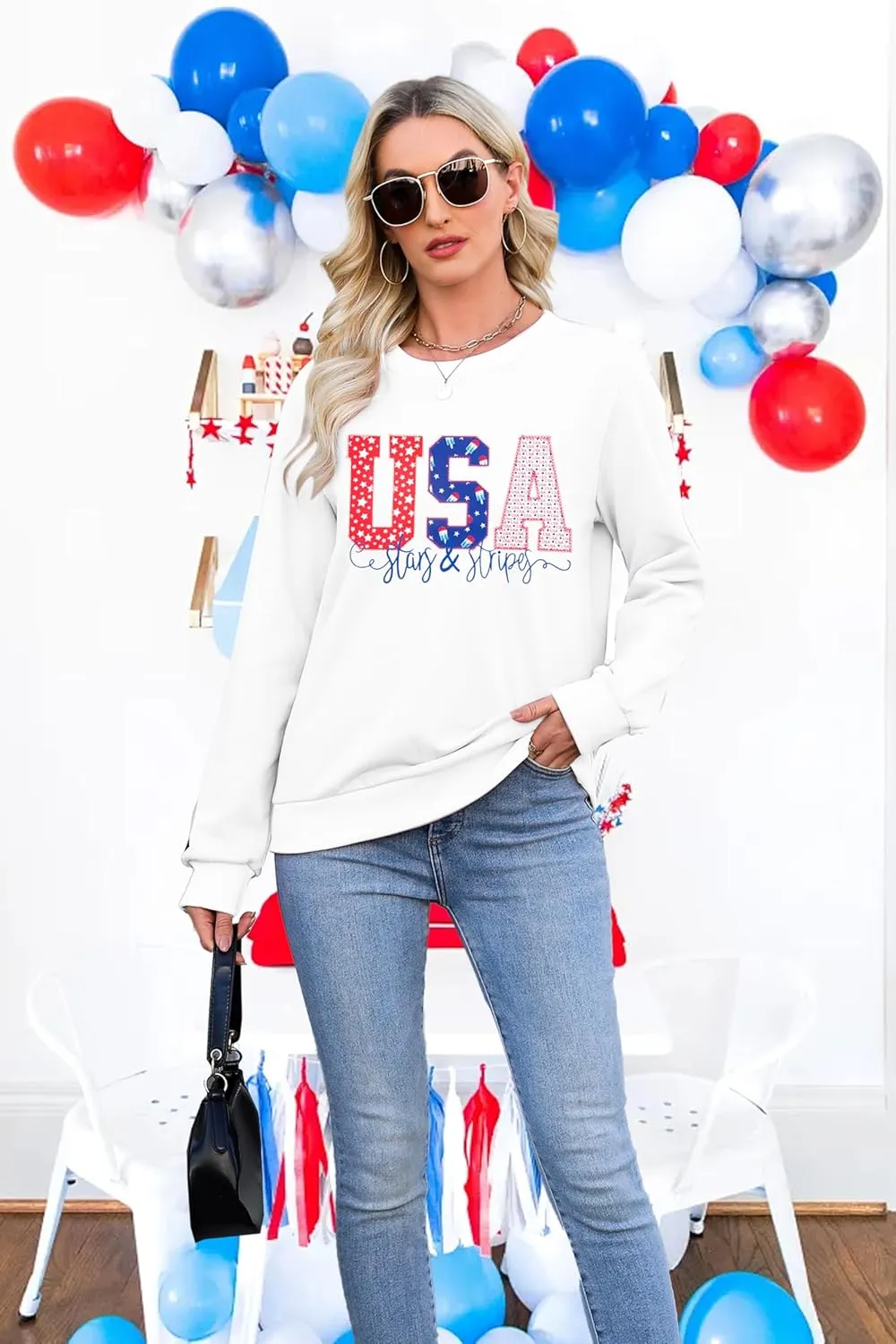 FRYAID USA Sweatshirt Women American Flag Graphic Shirt 4th of July Stars and Stripes Sweater Holiday Casual Long Sleeve Top