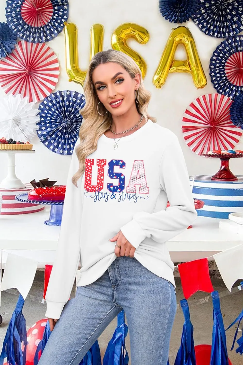 FRYAID USA Sweatshirt Women American Flag Graphic Shirt 4th of July Stars and Stripes Sweater Holiday Casual Long Sleeve Top