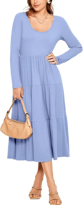 Glamaker Women's Long Sleeve Fall Dress Casual Swing Maxi Dress Tiered Midi Dress with Pockets 2024