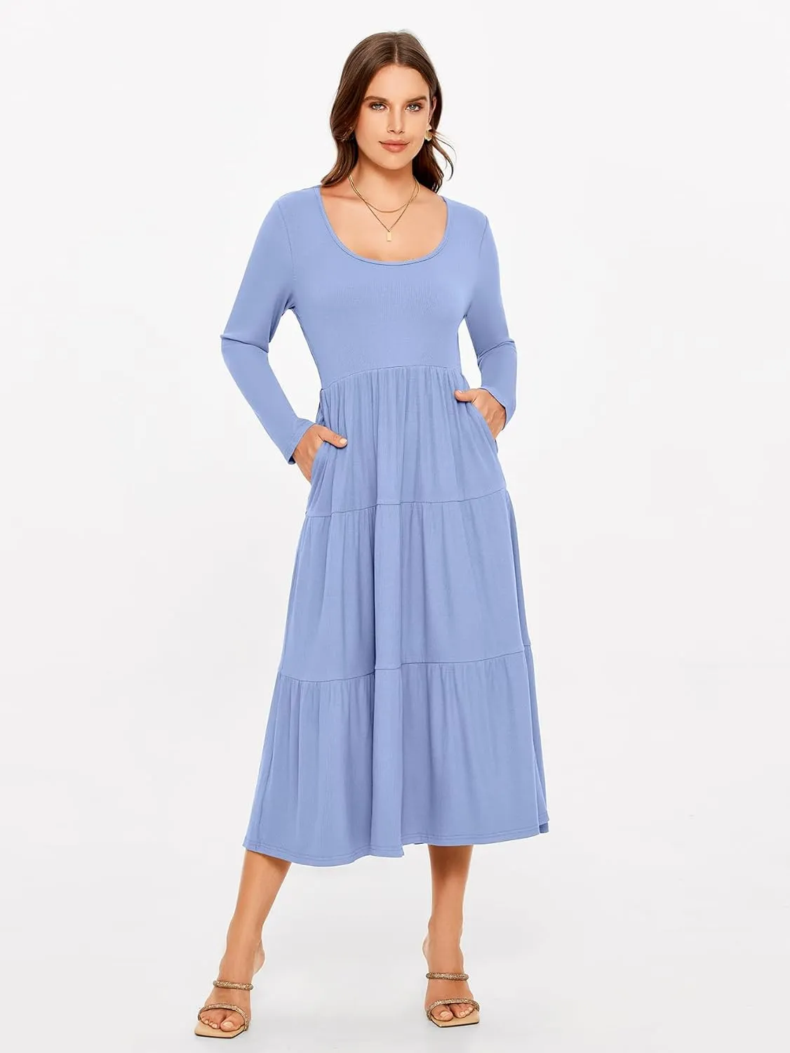 Glamaker Women's Long Sleeve Fall Dress Casual Swing Maxi Dress Tiered Midi Dress with Pockets 2024