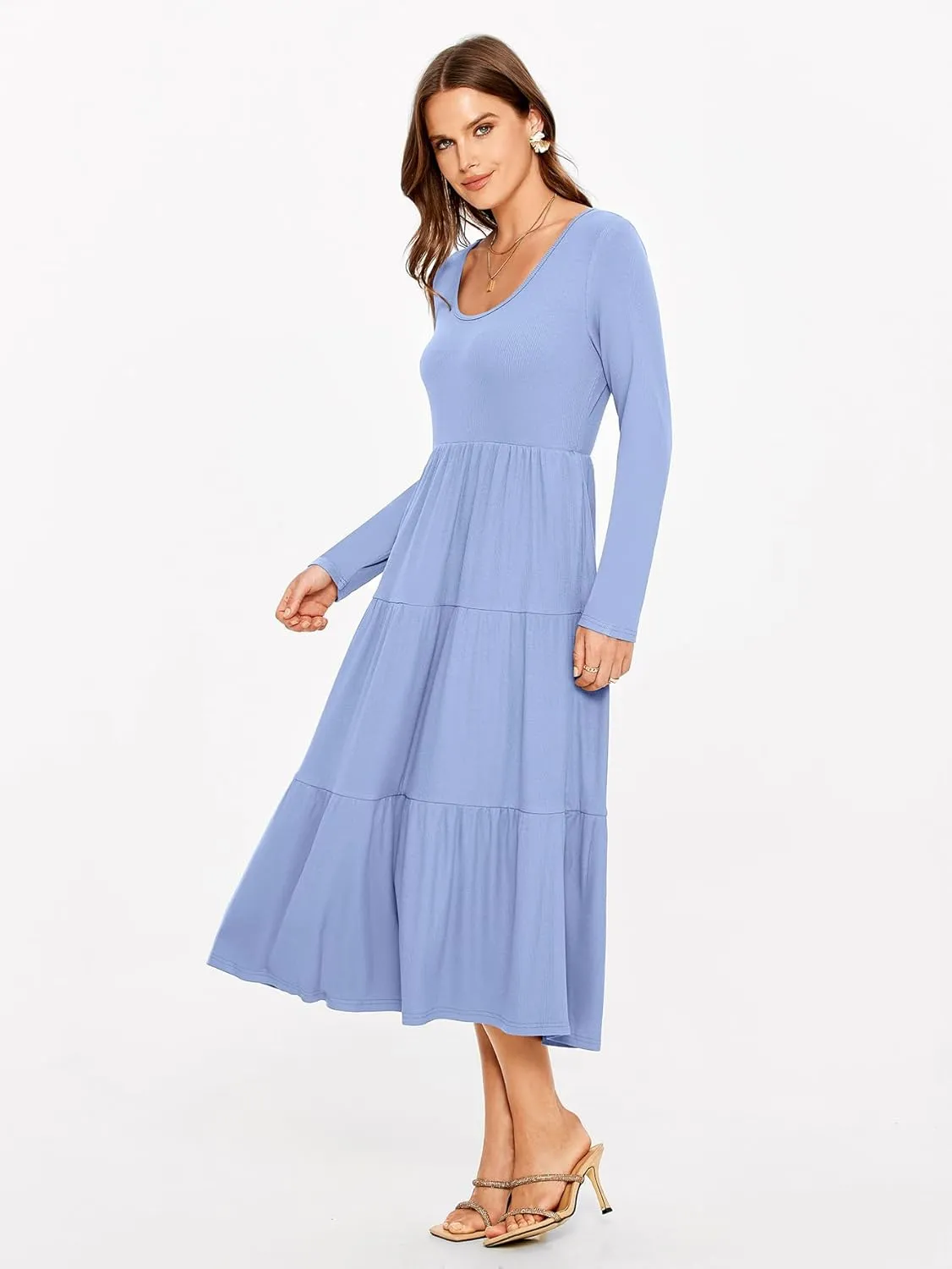 Glamaker Women's Long Sleeve Fall Dress Casual Swing Maxi Dress Tiered Midi Dress with Pockets 2024