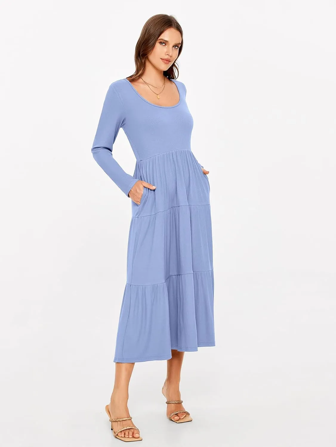Glamaker Women's Long Sleeve Fall Dress Casual Swing Maxi Dress Tiered Midi Dress with Pockets 2024