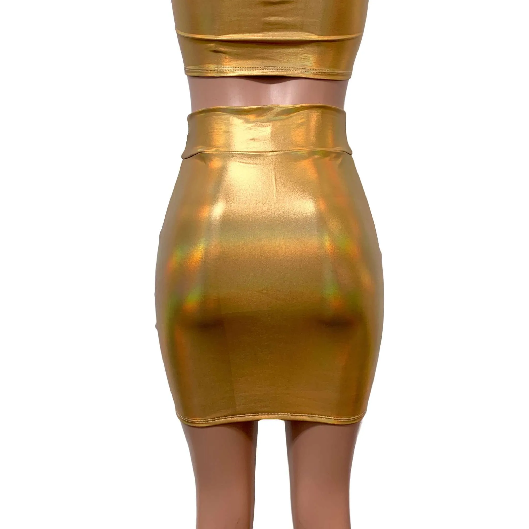 Gold Opal Holographic High Waisted Pencil Mini Skirt