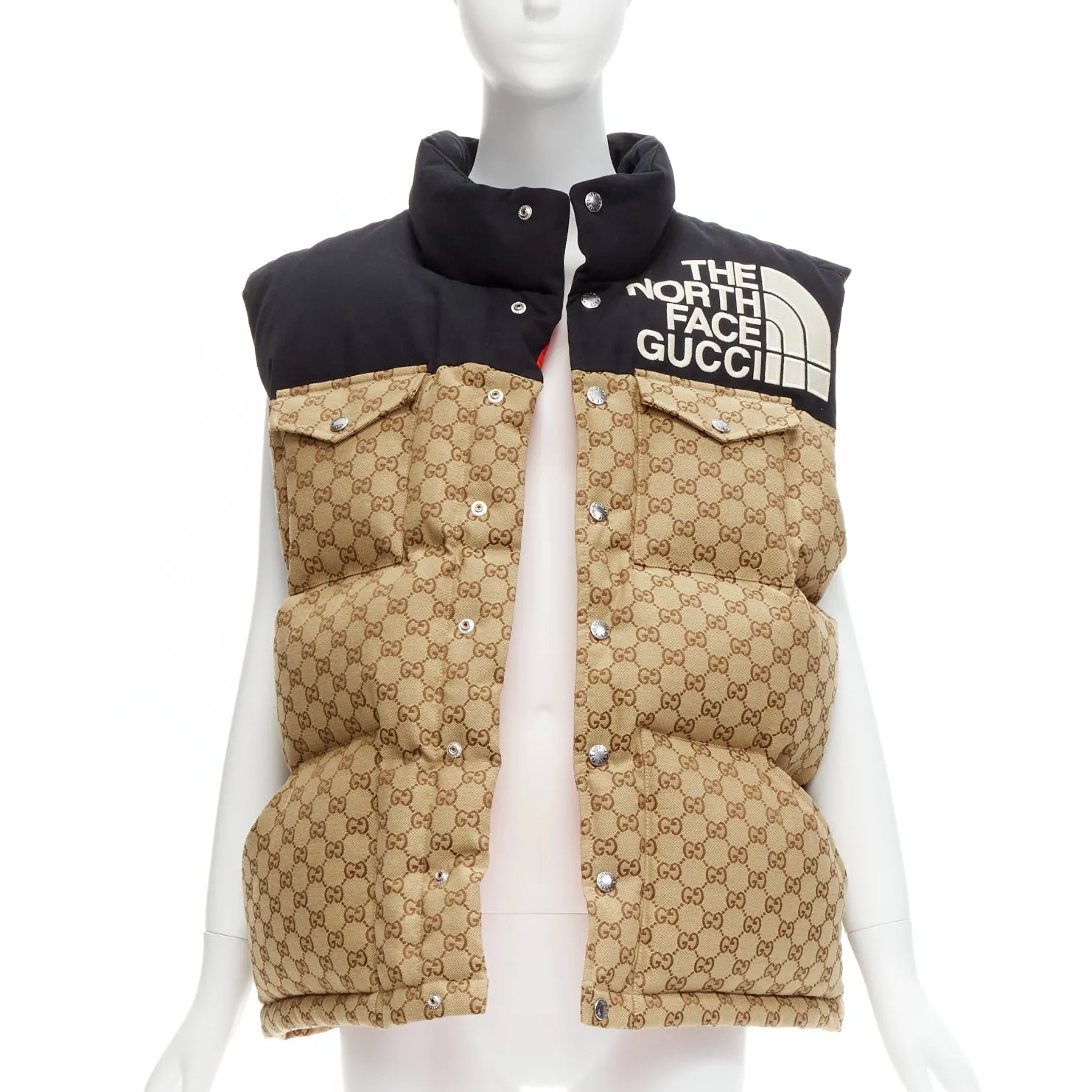 GUCCI THE NORTH FACE black beige big logo GG monogram padded vest jacket IT40 S