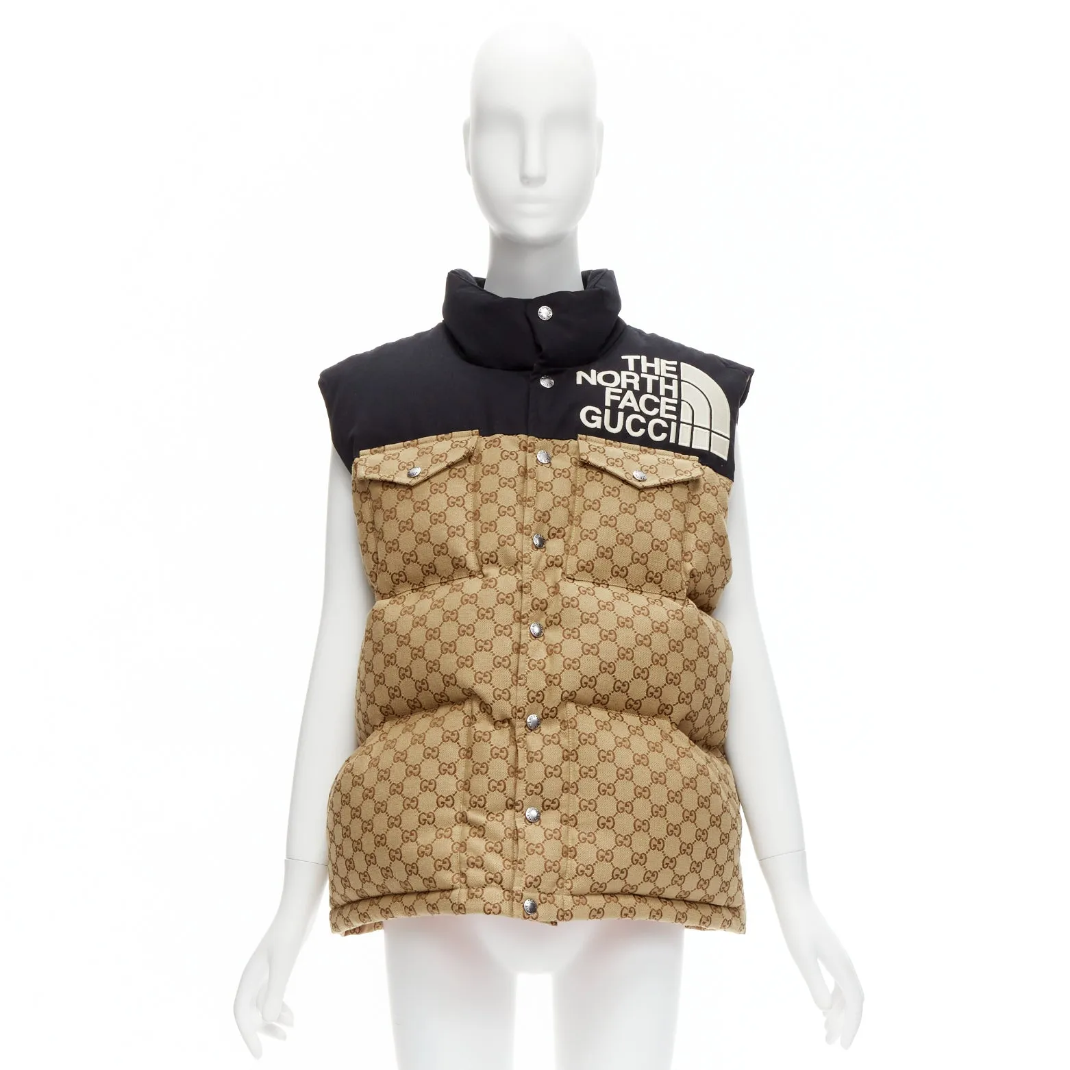 GUCCI THE NORTH FACE black beige big logo GG monogram padded vest jacket IT40 S