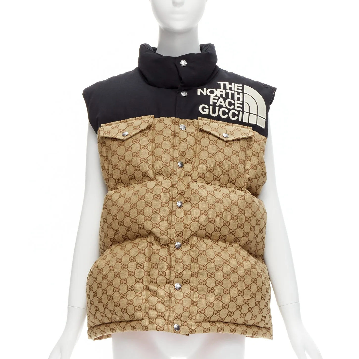 GUCCI THE NORTH FACE black beige big logo GG monogram padded vest jacket IT40 S