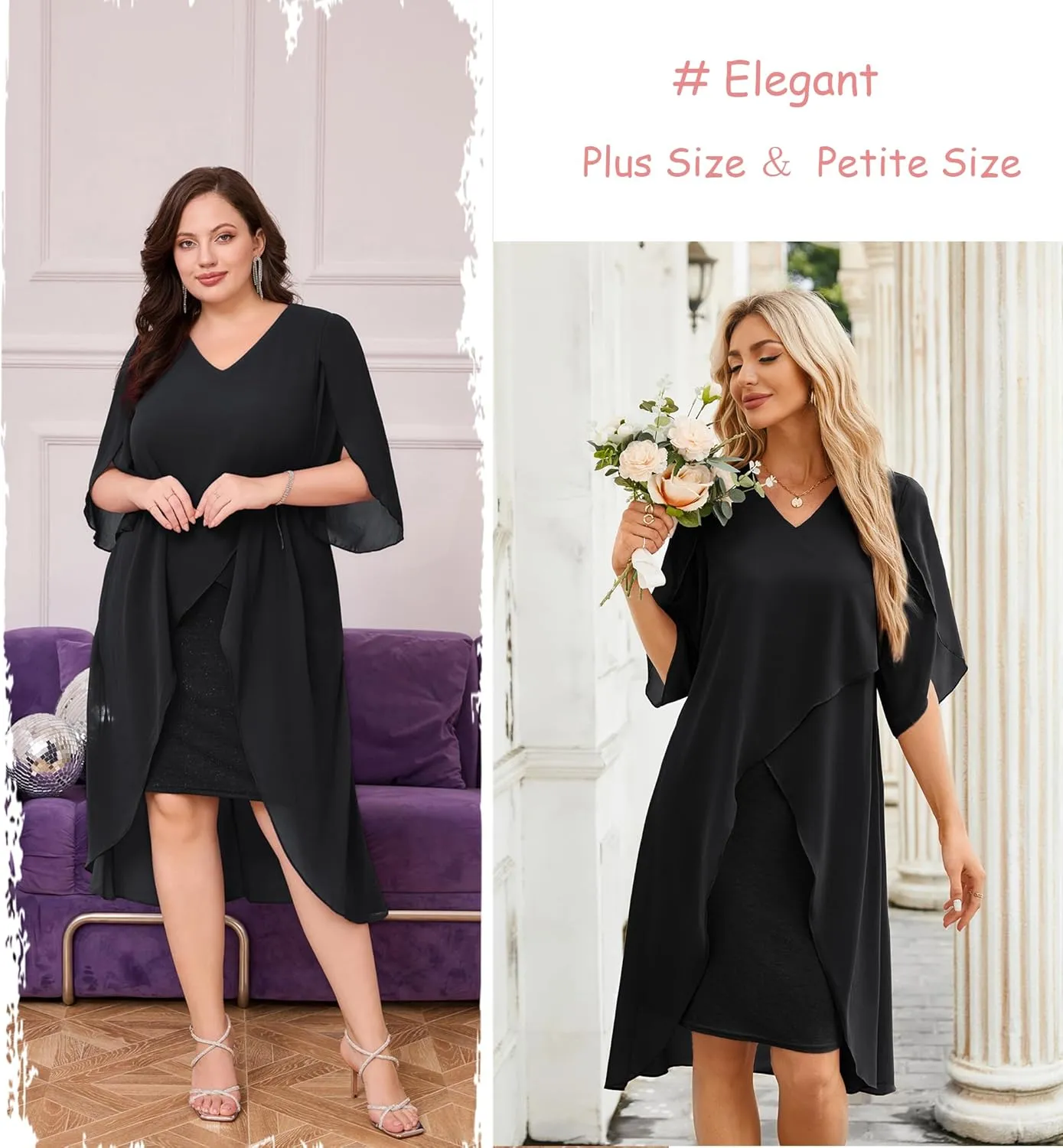 Hanna Nikole Womens Plus Size Chiffon Cocktail Dress Ruffle 3/4 Sleeve Wedding Guest Party Dresses with High Low Hem