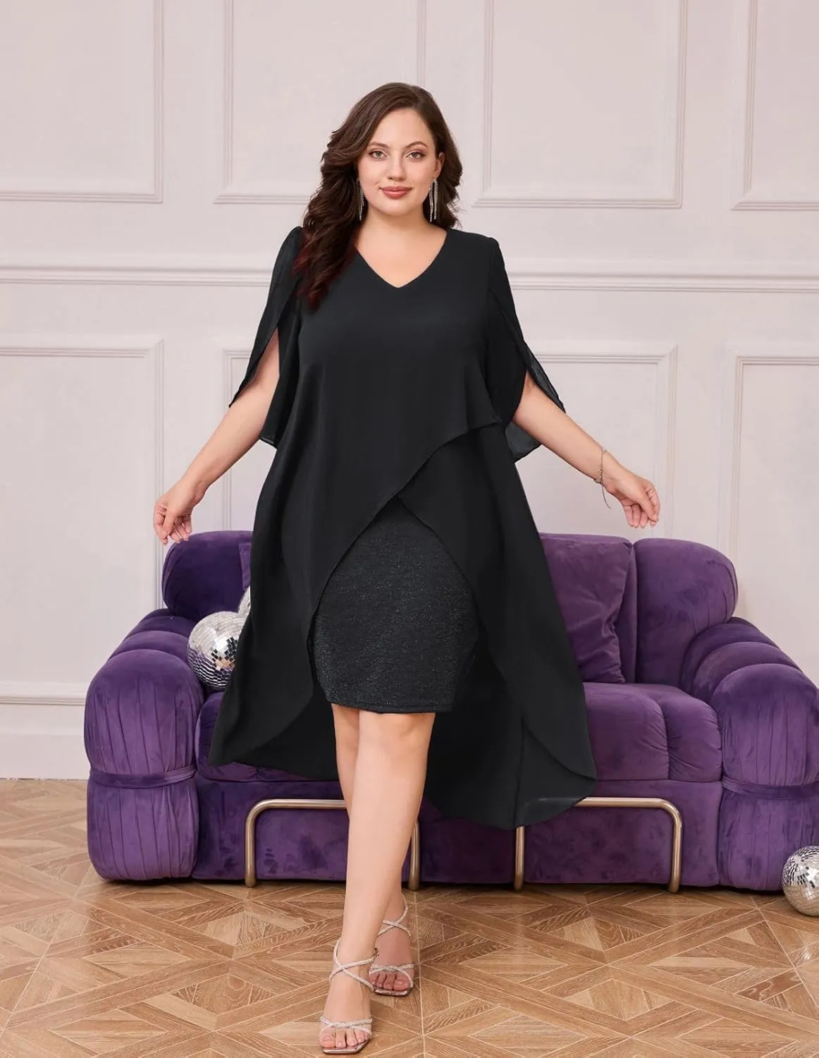 Hanna Nikole Womens Plus Size Chiffon Cocktail Dress Ruffle 3/4 Sleeve Wedding Guest Party Dresses with High Low Hem