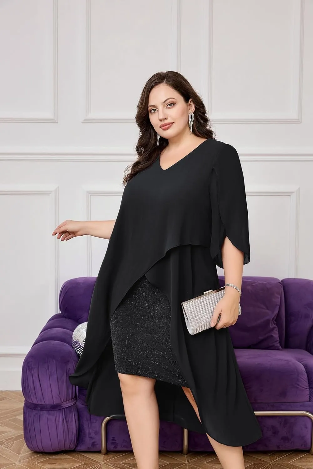 Hanna Nikole Womens Plus Size Chiffon Cocktail Dress Ruffle 3/4 Sleeve Wedding Guest Party Dresses with High Low Hem
