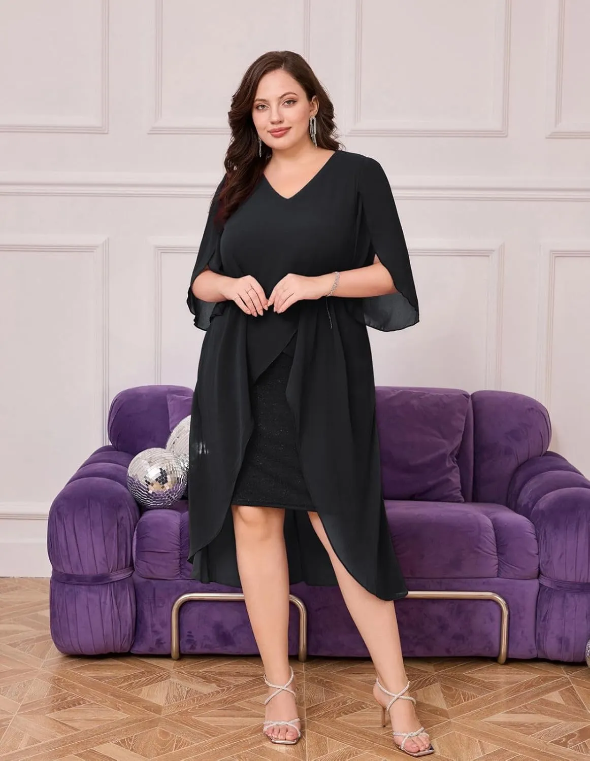 Hanna Nikole Womens Plus Size Chiffon Cocktail Dress Ruffle 3/4 Sleeve Wedding Guest Party Dresses with High Low Hem