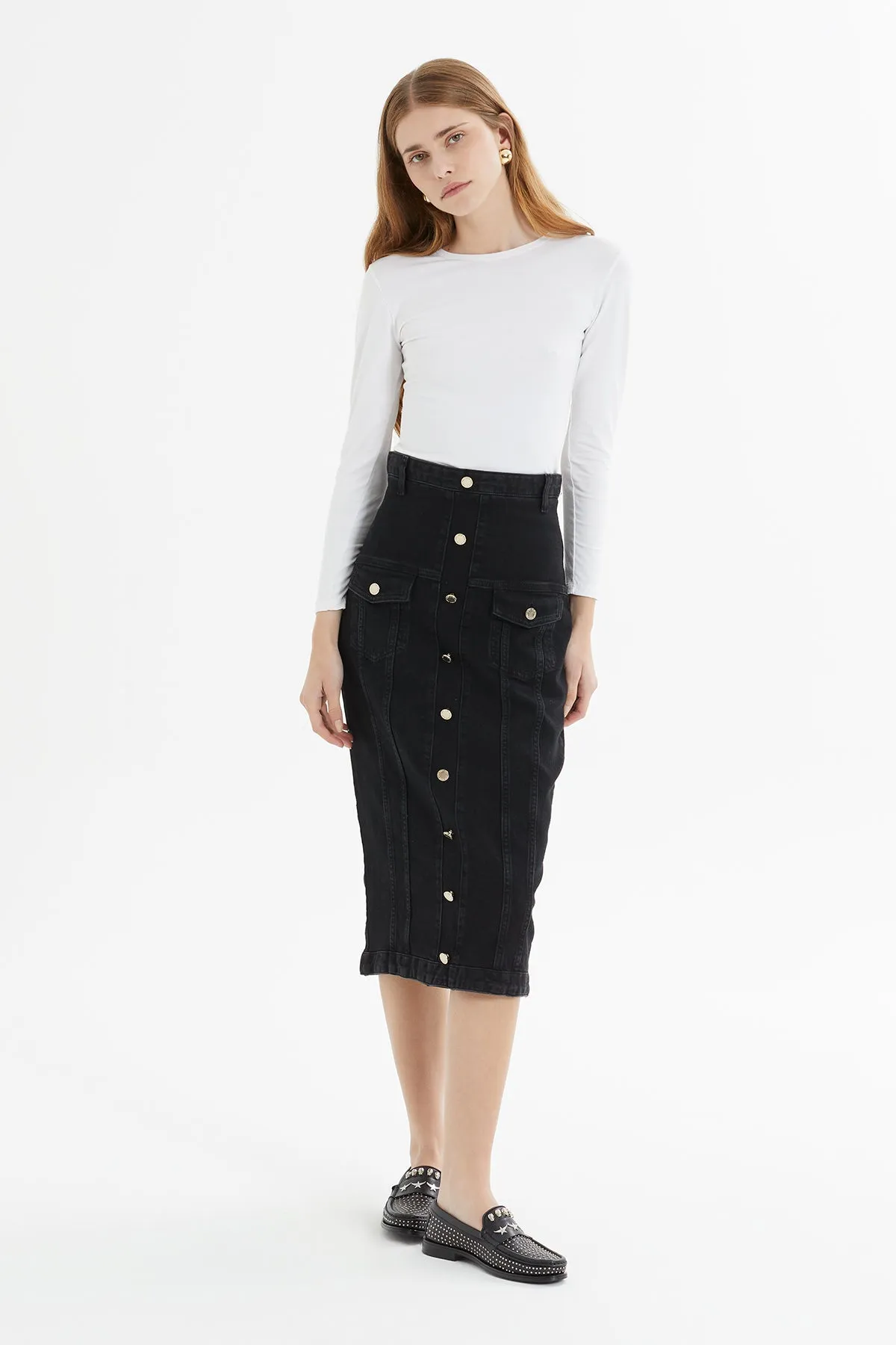 High Waist Midi Length Jean Pencil Skirt