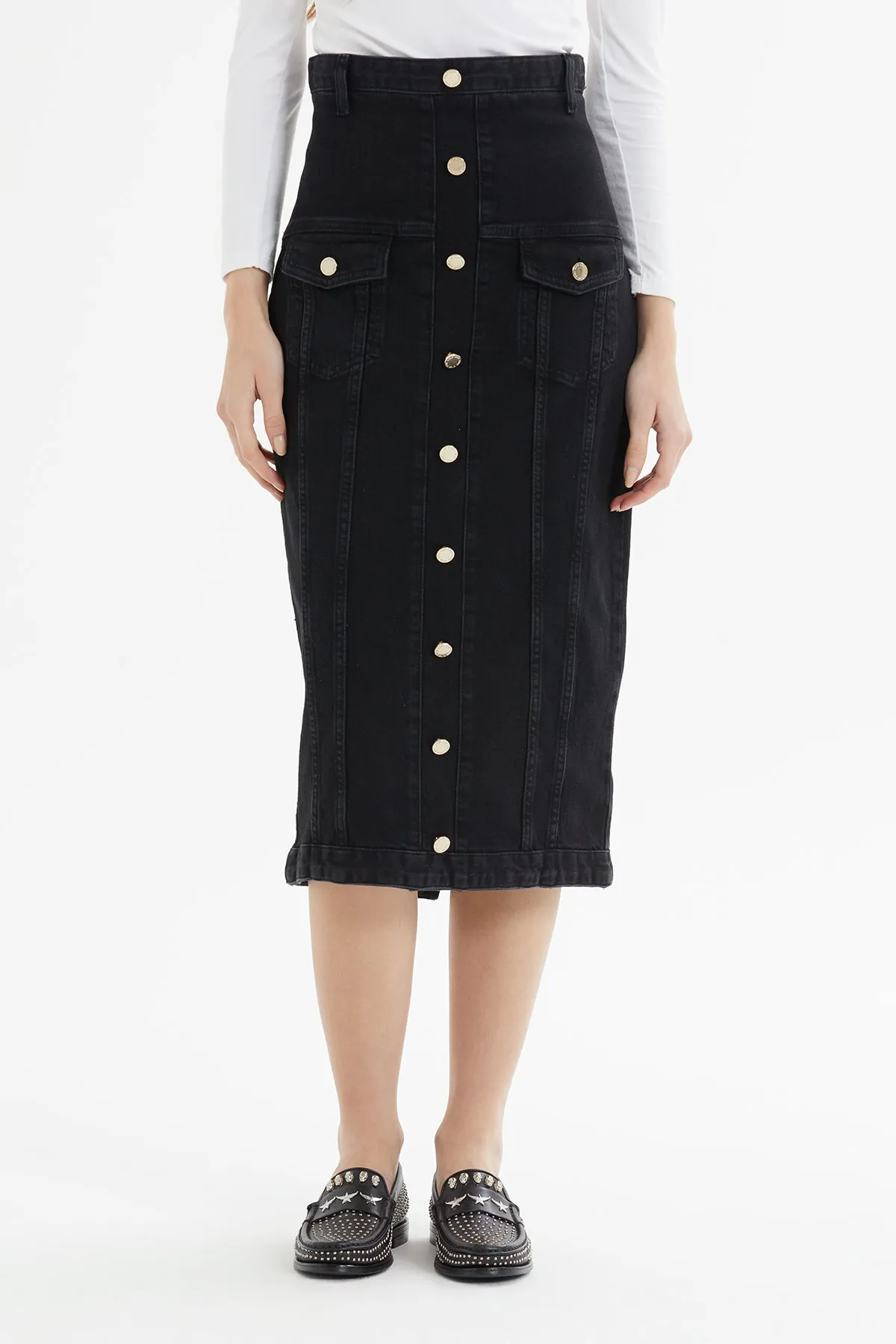 High Waist Midi Length Jean Pencil Skirt