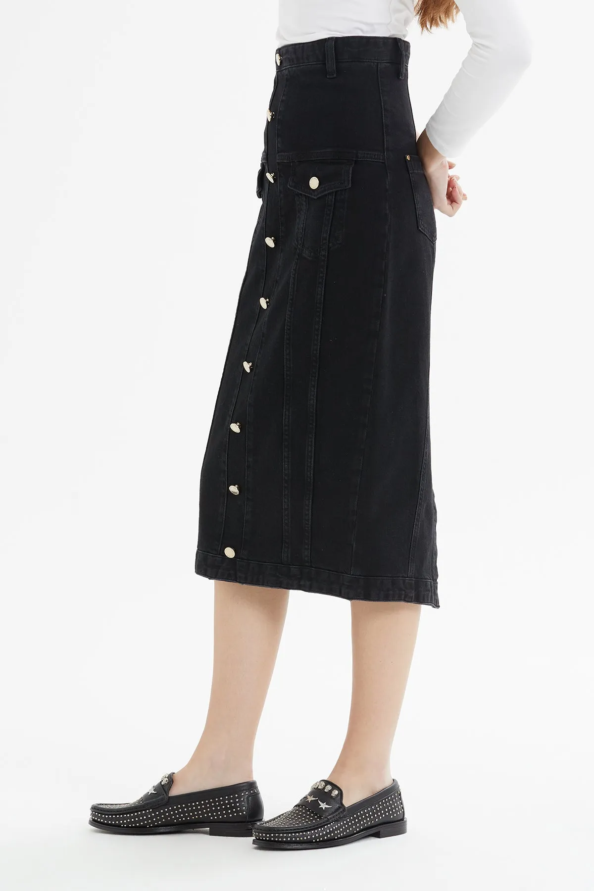 High Waist Midi Length Jean Pencil Skirt