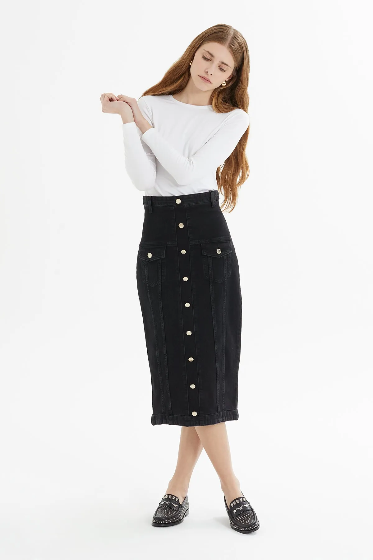 High Waist Midi Length Jean Pencil Skirt