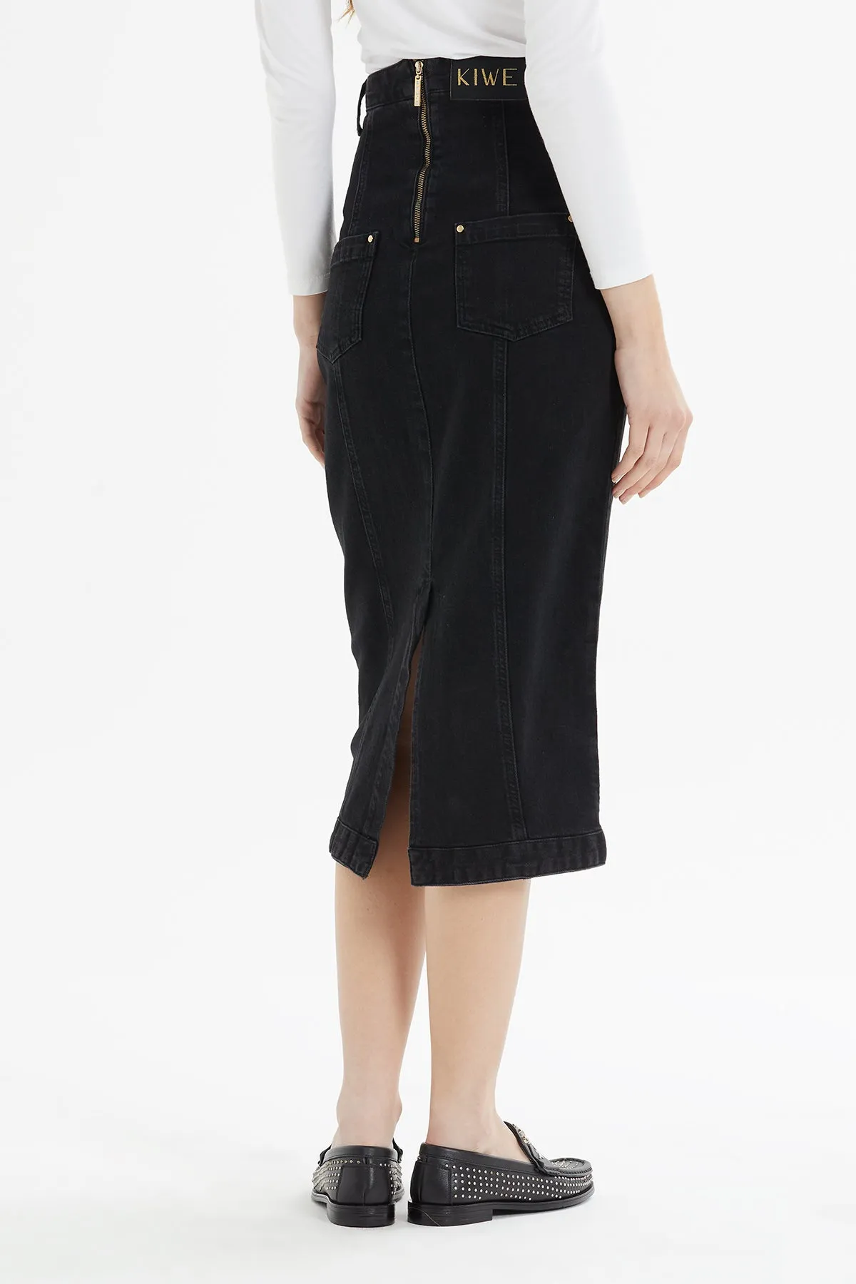 High Waist Midi Length Jean Pencil Skirt