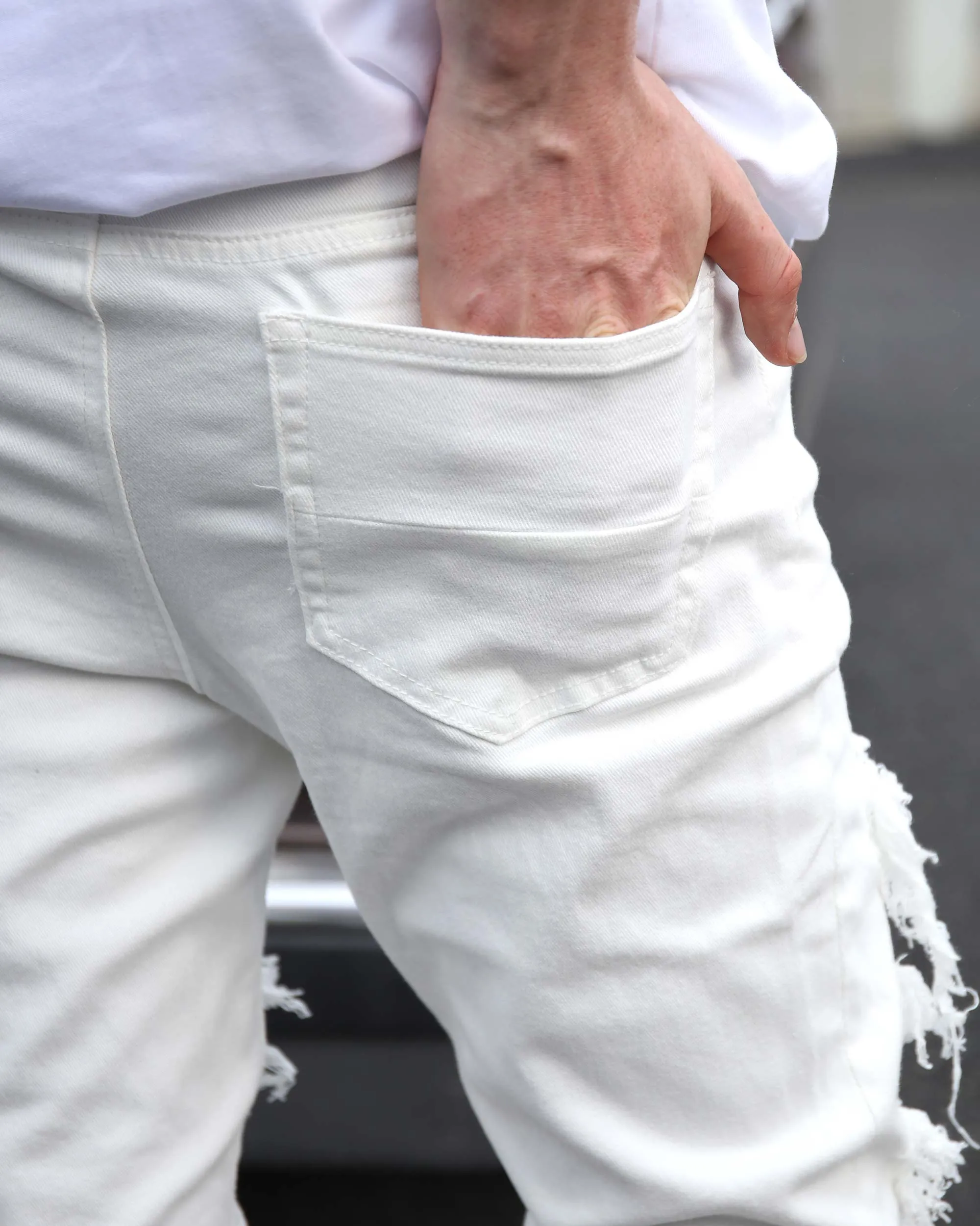 Hip-Hop Fringe White Ripped Jeans with Diamond Patch-Mexico Local Delivery