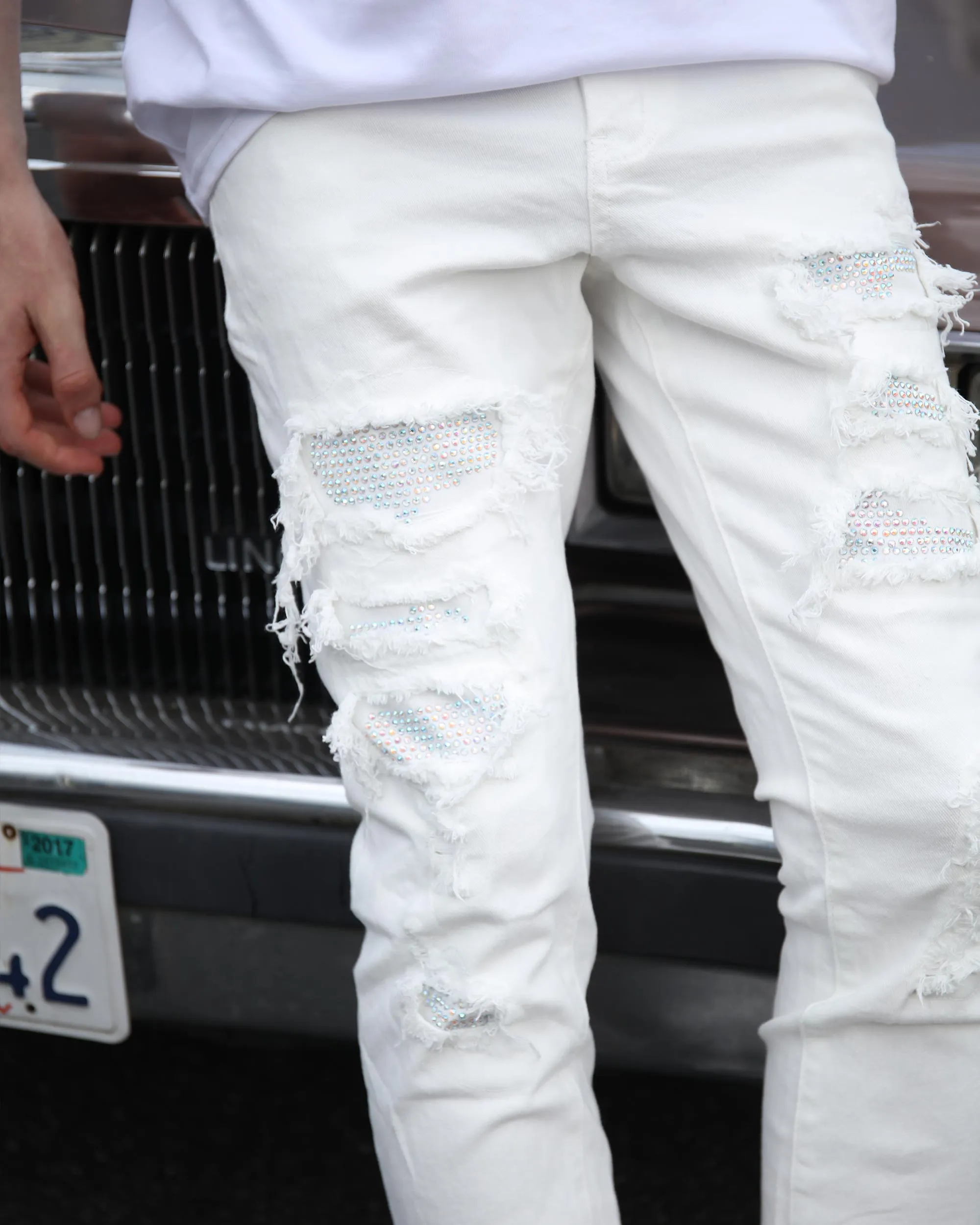 Hip-Hop Fringe White Ripped Jeans with Diamond Patch-Mexico Local Delivery