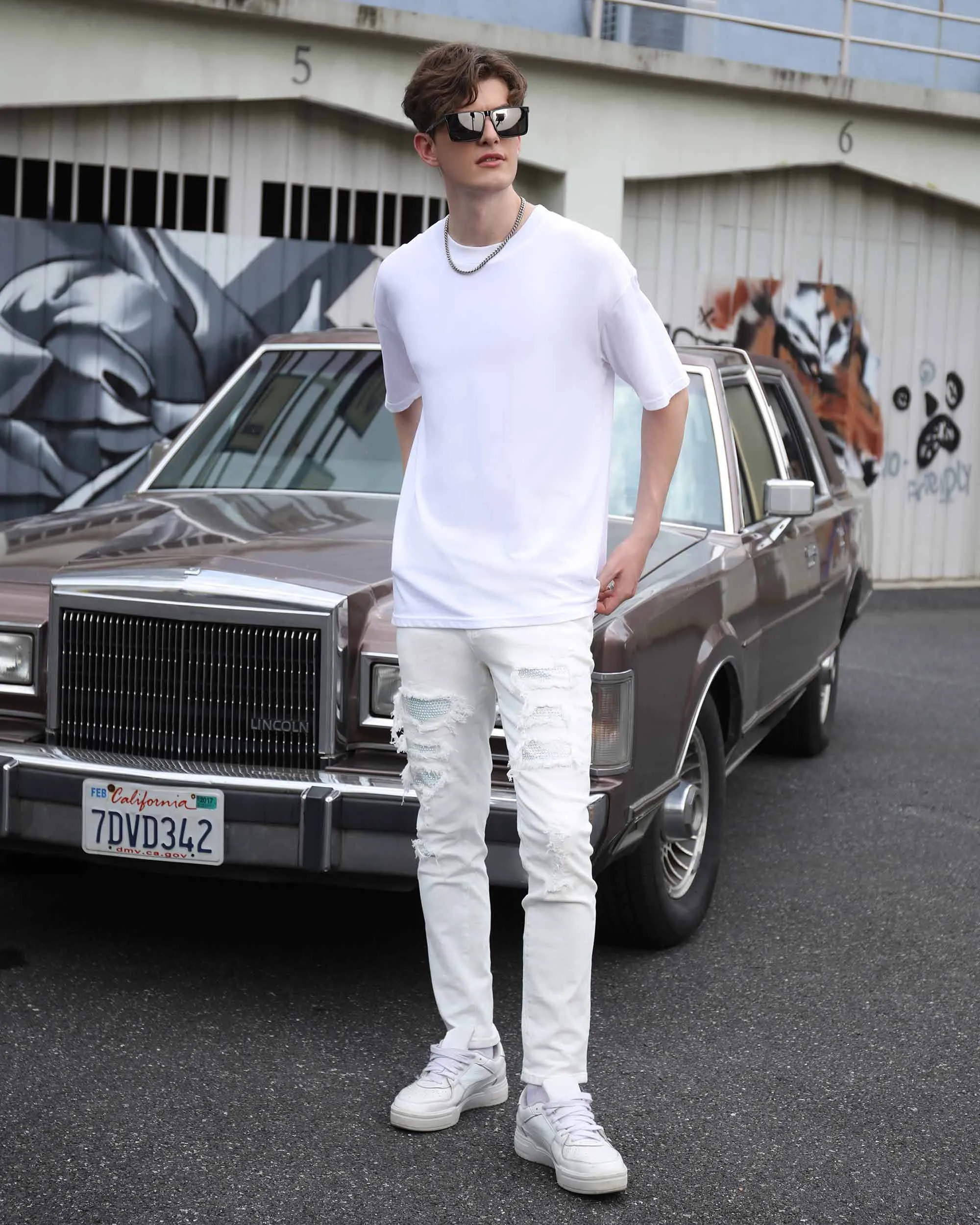 Hip-Hop Fringe White Ripped Jeans with Diamond Patch-Mexico Local Delivery