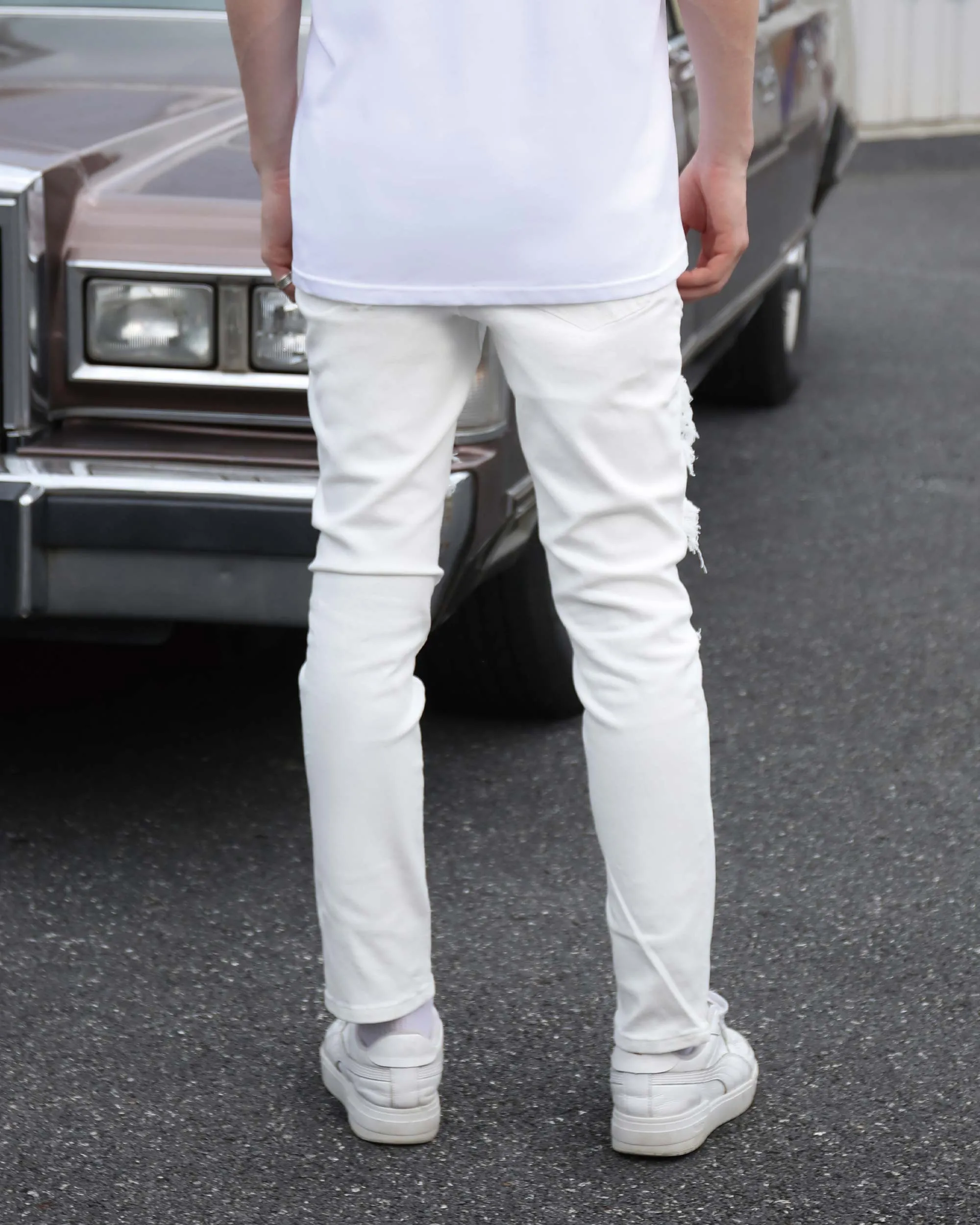 Hip-Hop Fringe White Ripped Jeans with Diamond Patch-Mexico Local Delivery