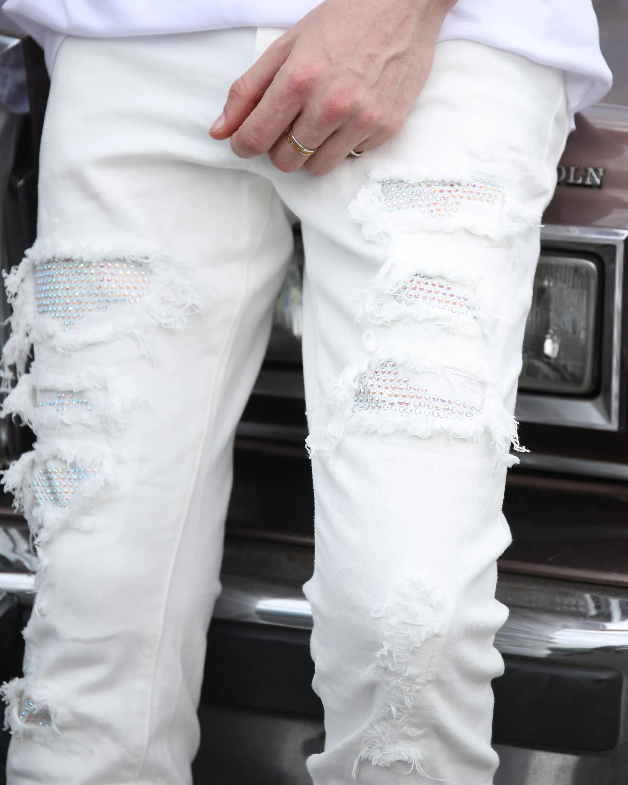 Hip-Hop Fringe White Ripped Jeans with Diamond Patch-Mexico Local Delivery