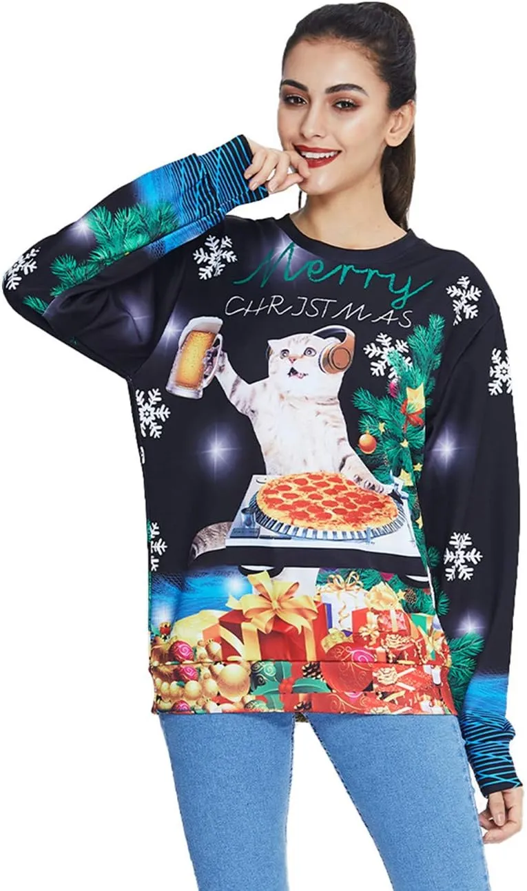 Idgreatim Unisex Ugly Christmas Crewneck Sweatshirt Novelty 3D Graphic Long Sleeve Sweater Shirt