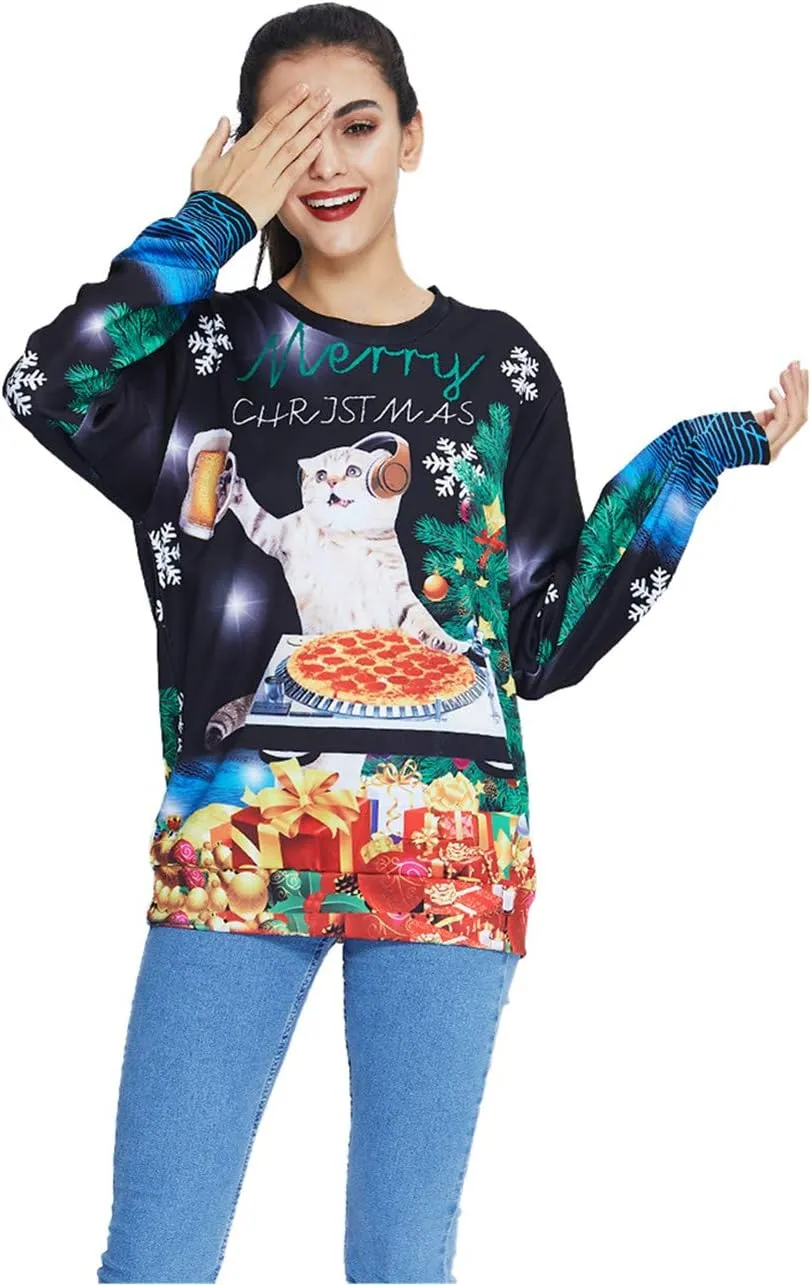 Idgreatim Unisex Ugly Christmas Crewneck Sweatshirt Novelty 3D Graphic Long Sleeve Sweater Shirt