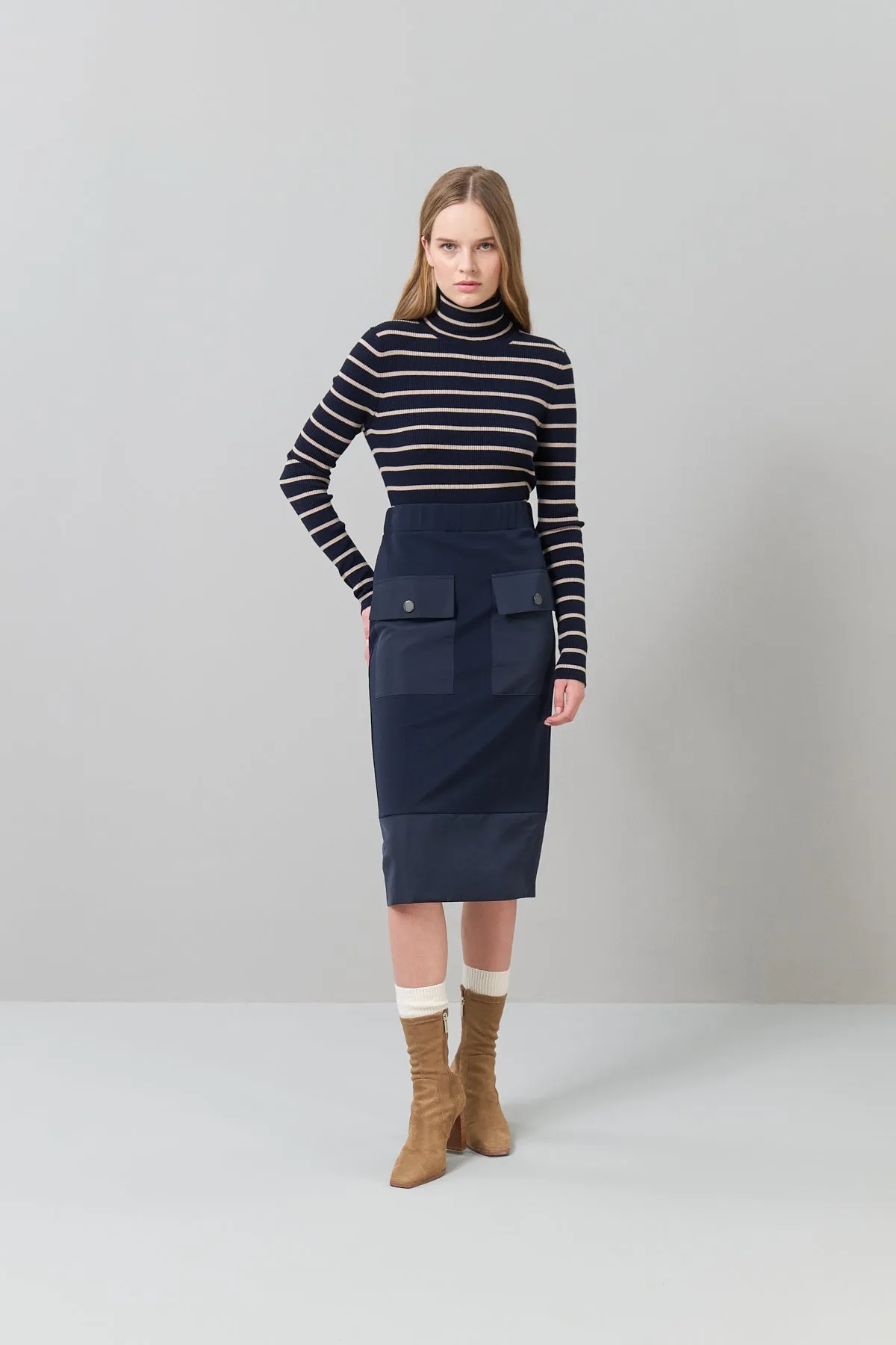 Knee Length Knitted Skirt with Elastic Waist Navy Blue