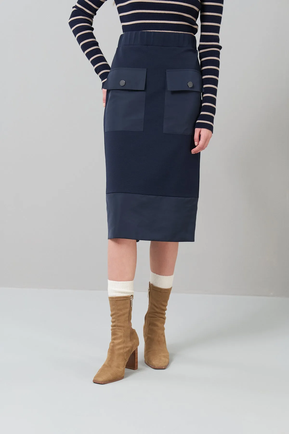 Knee Length Knitted Skirt with Elastic Waist Navy Blue